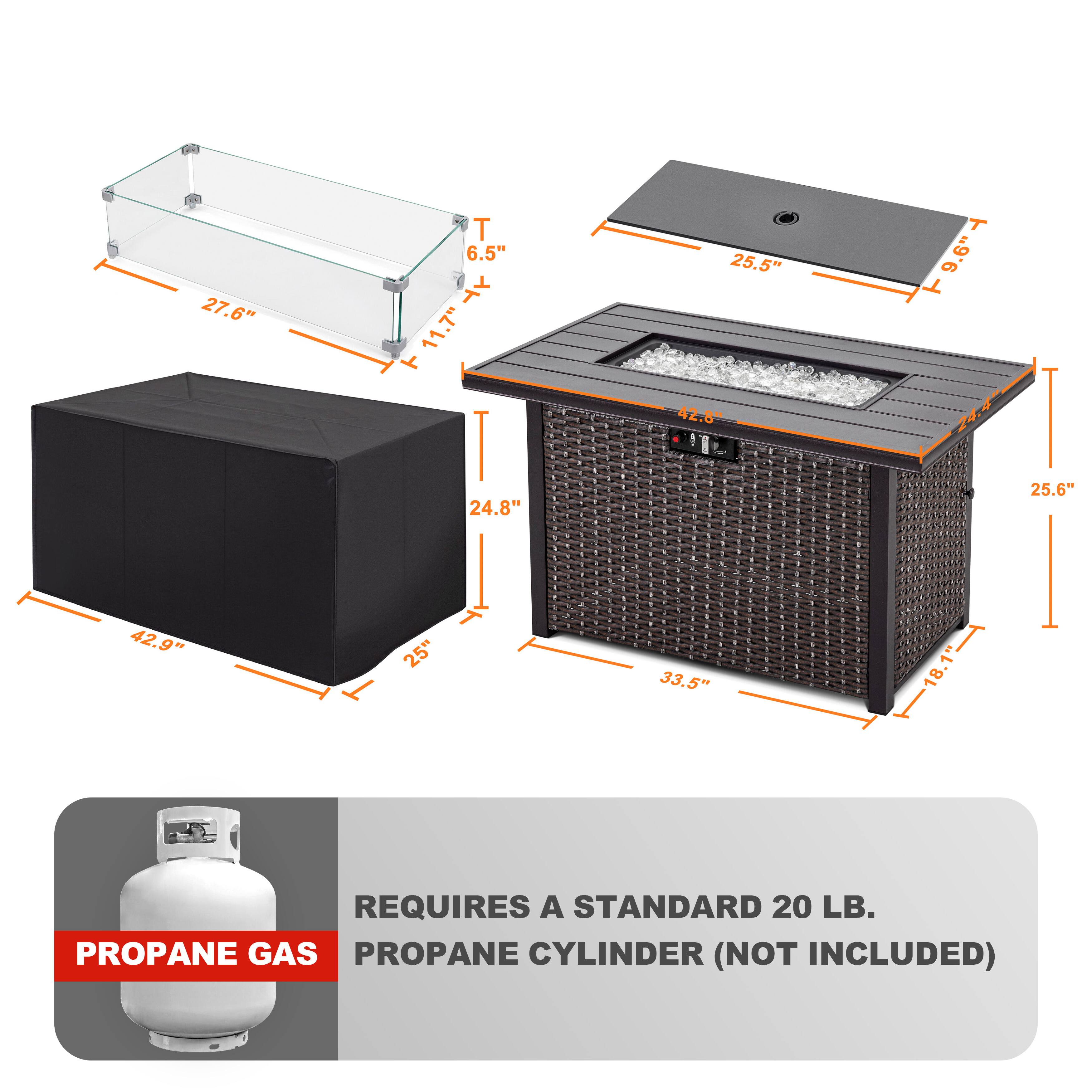 27.6" T 6.5" Y 11.7" T 25.5" T 9.6"  
42.8" - 24.8" 25.6" 42.9" 25" 33.5"  
REQUIRES A STANDARD 20 LB. PROPANE GAS PROPANE CYLINDER (NOT INCLUDED)