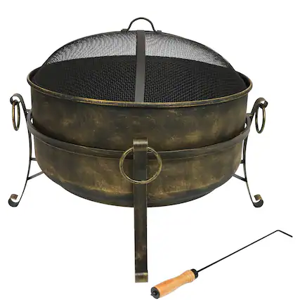 Front. Sunnydaze - 24 in Cauldron Steel Fire Pit with Spark Screen, Poker, and Grate - Black.