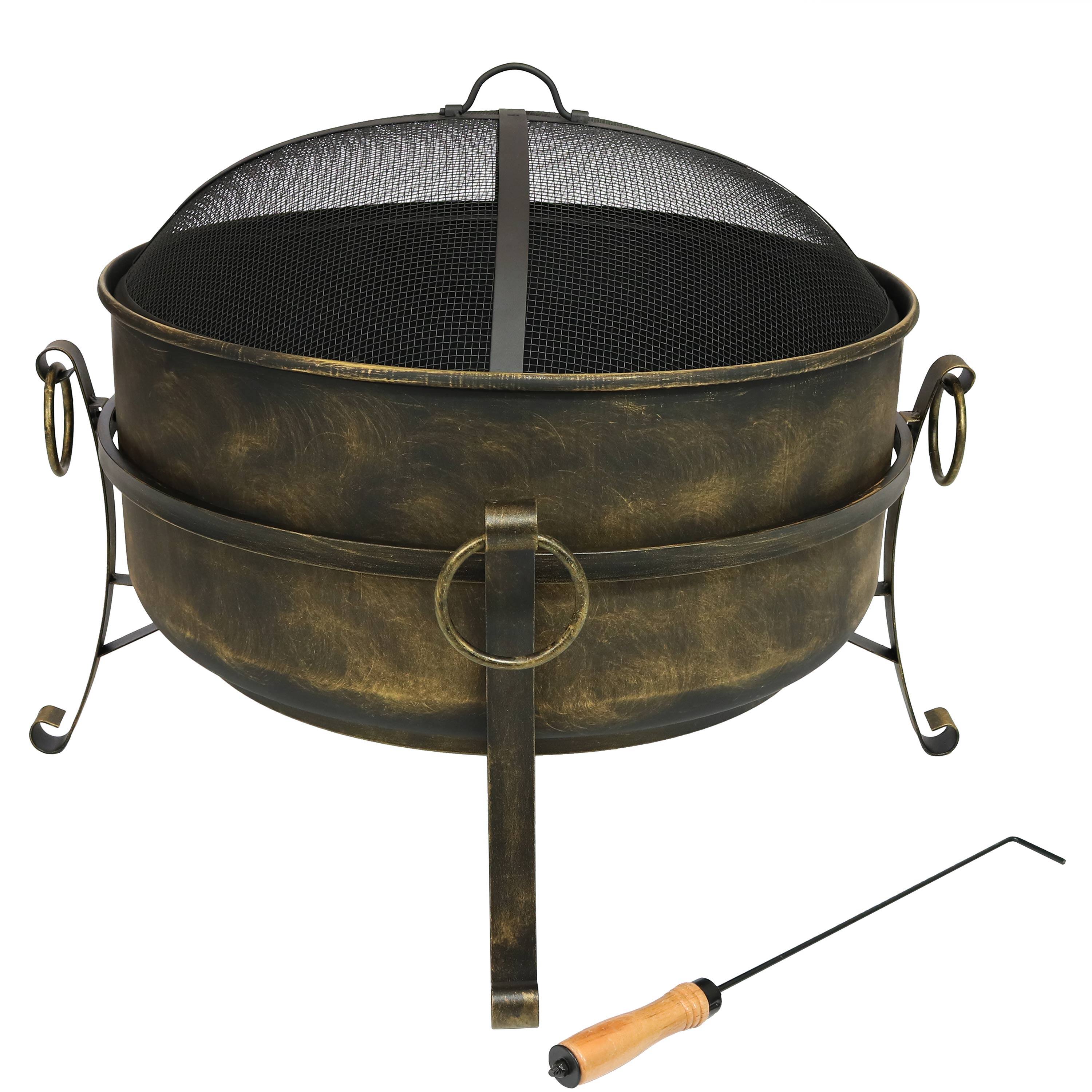Front. Sunnydaze - 24 in Cauldron Steel Fire Pit with Spark Screen, Poker, and Grate - Black.