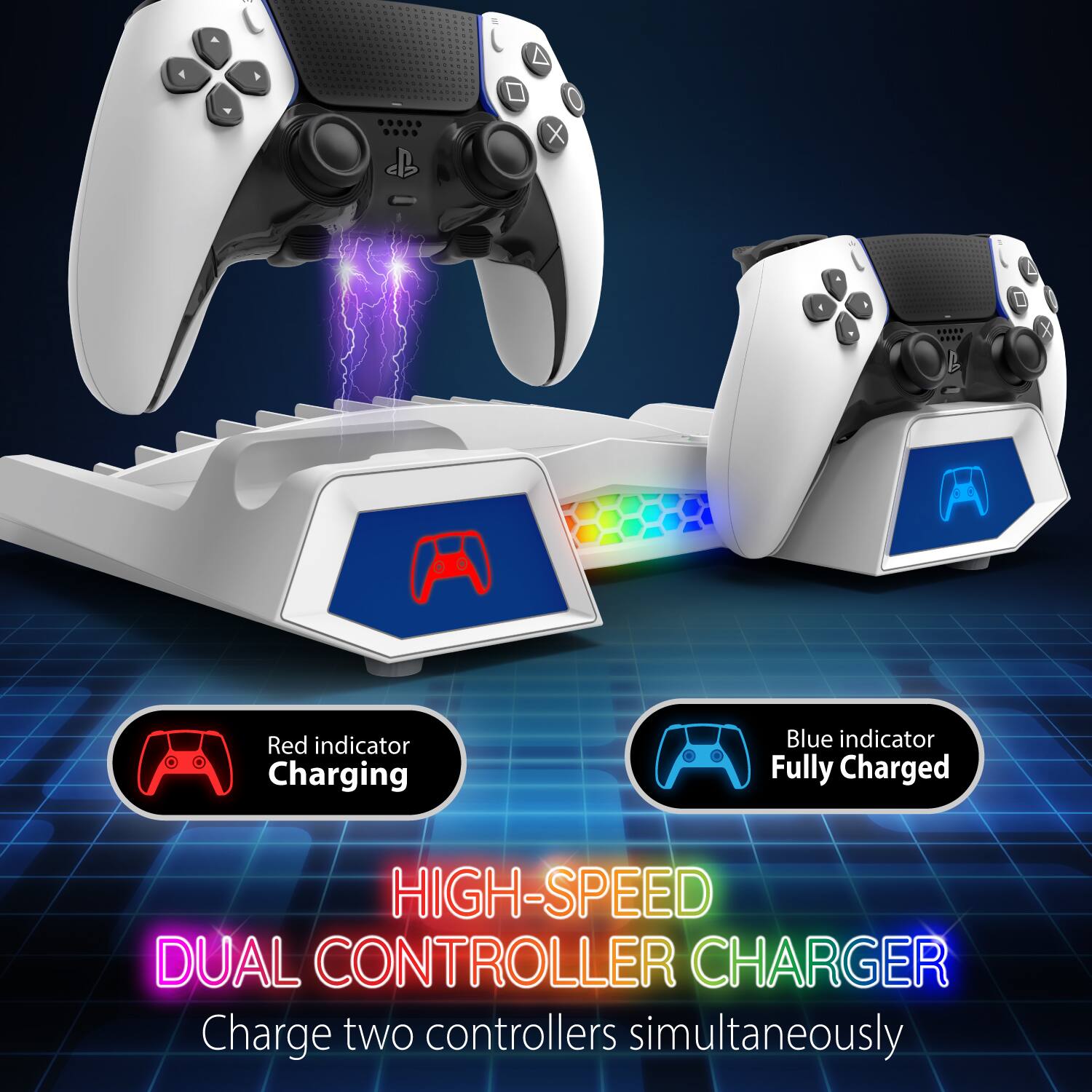 I X A Red indicator Charging Blue indicator Fully Charged HIGH-SPEED DUAL CONTROLLER CHARGER Charge two controllers simultaneously