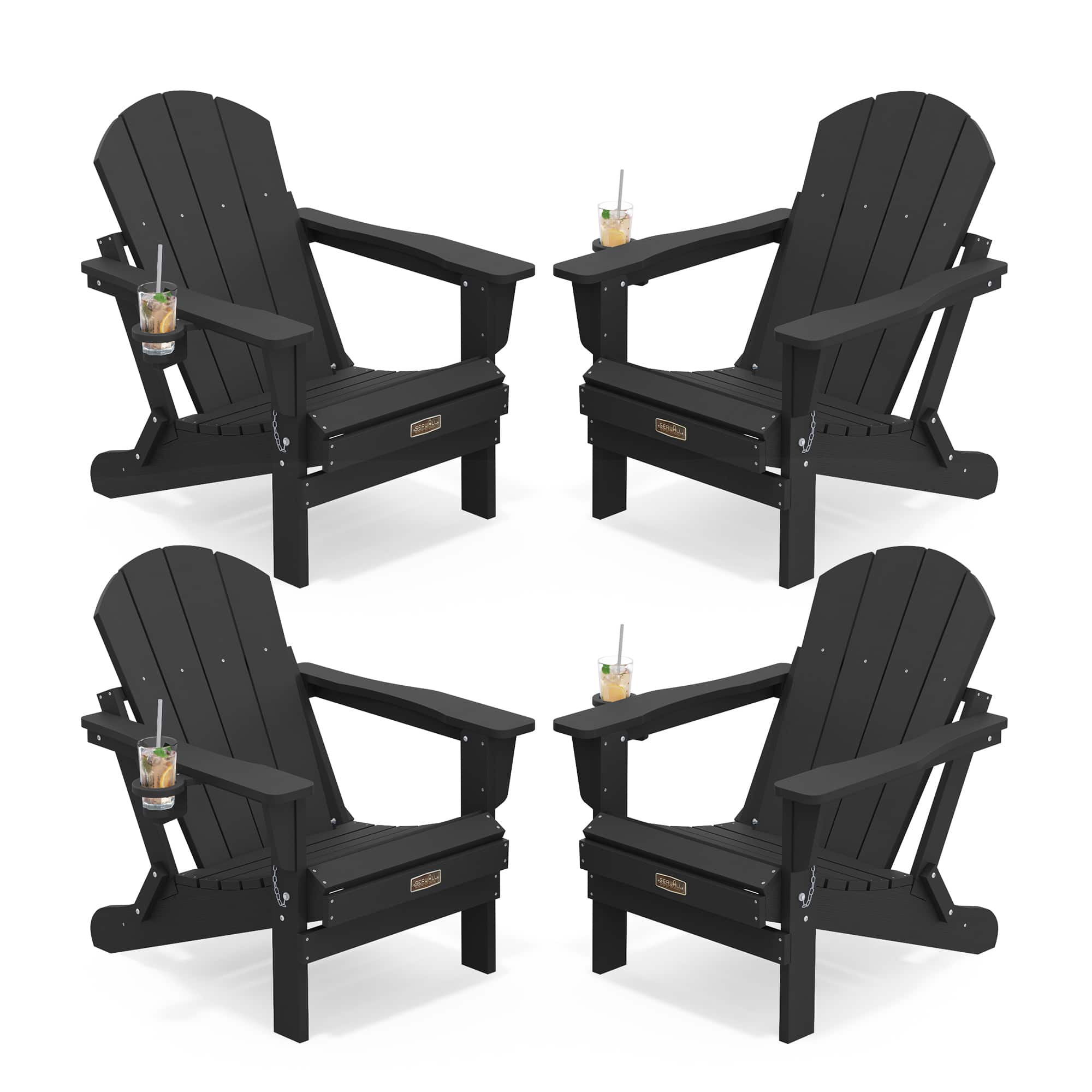 SERWALL - Foldable Adirondack Chair Set of 4, All Weather Adirondack Chairs with Cup Holder Outdoors Fire Pit - Black