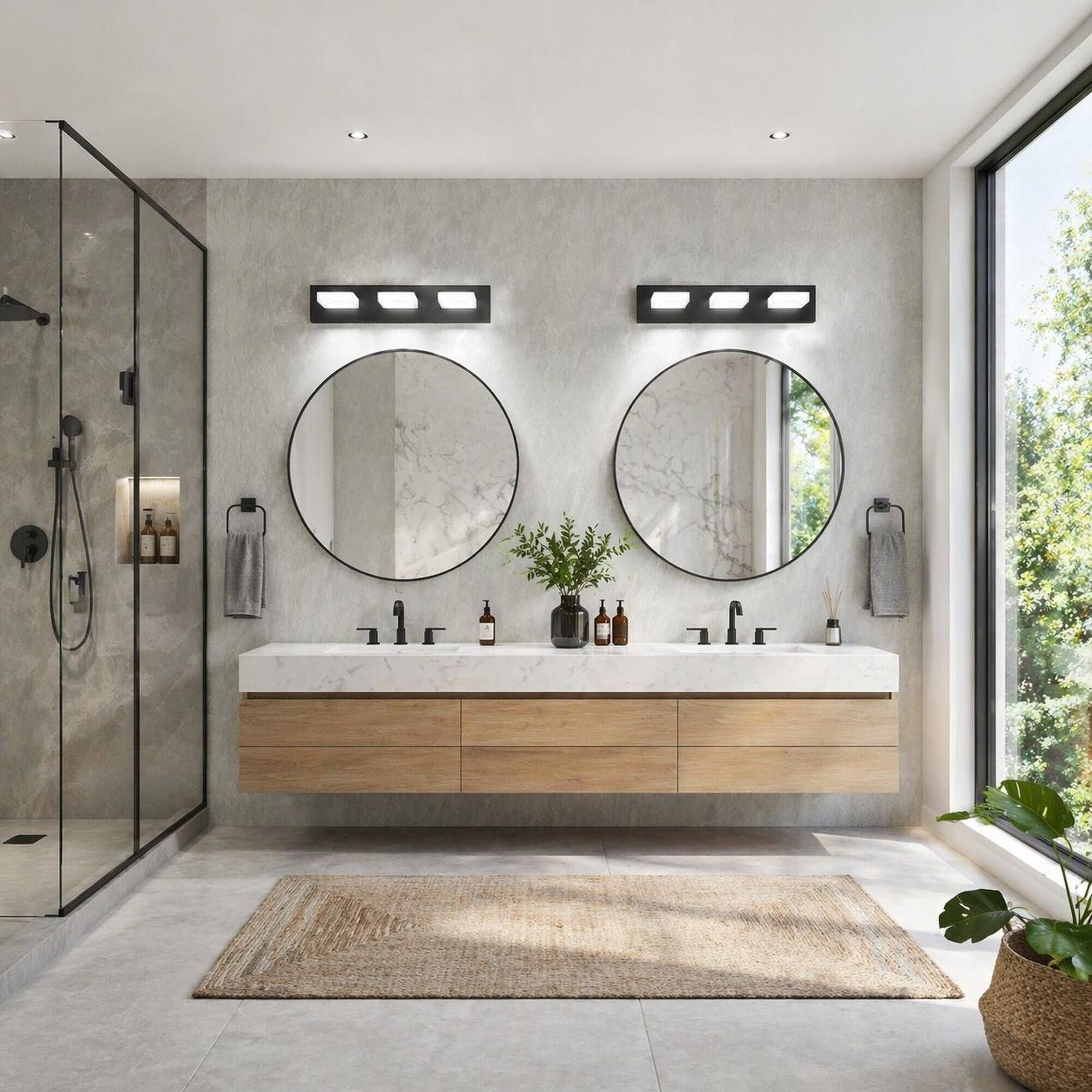 Back. RYHNUYNE - Modern LED Bathroom Vanity Light Fixture 3‑Light Black Bathroom Wall Lighting Over Mirror for Bath - Black.
