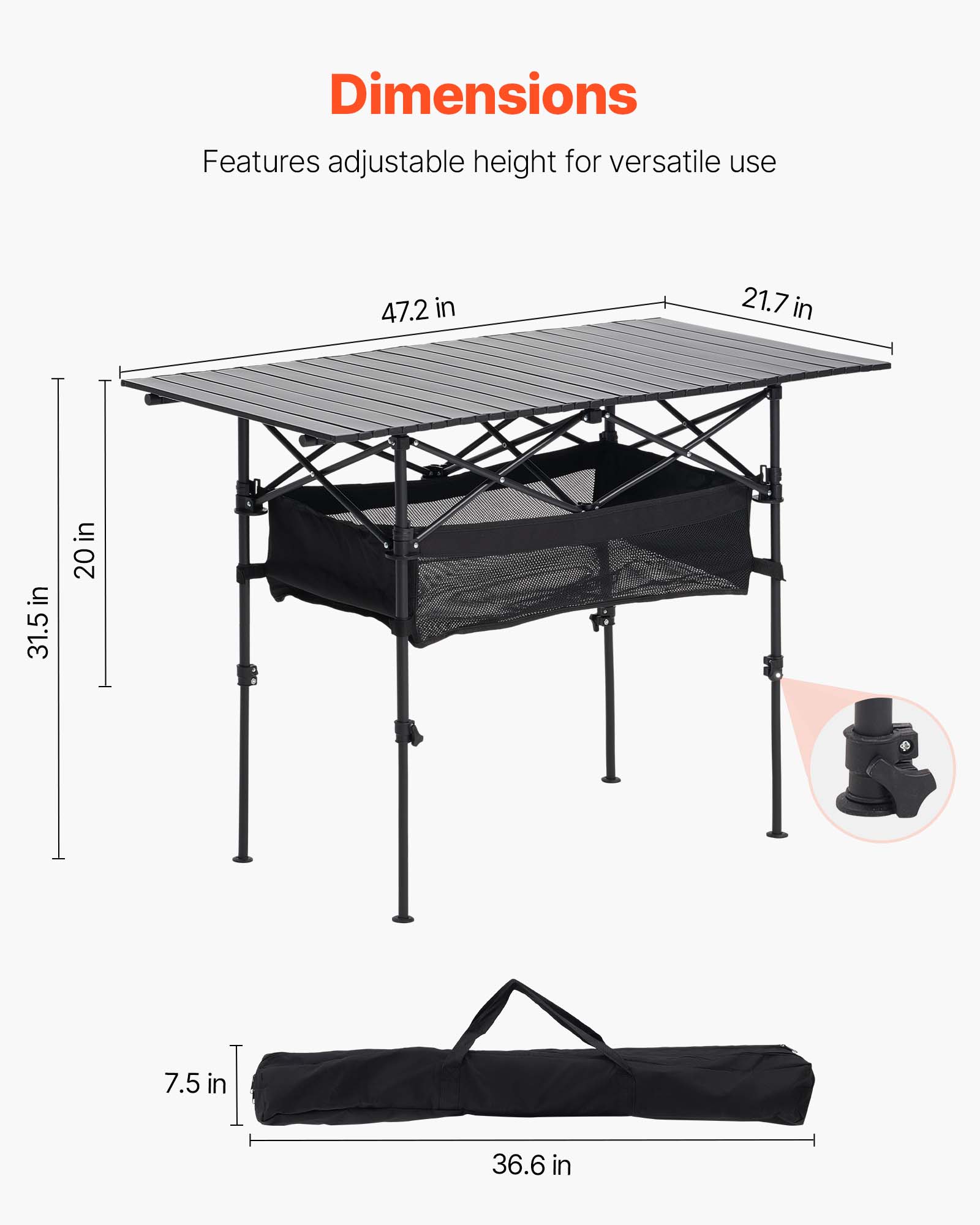 Dimensions  
Features adjustable height for versatile use  

- Length: 47.2 in  
- Width: 21.7 in  
- Height: 31.5 in  
- Height (with mesh): 20 in  
- Folded Height: 7.5 in  
- Folded Length: 36.6 in