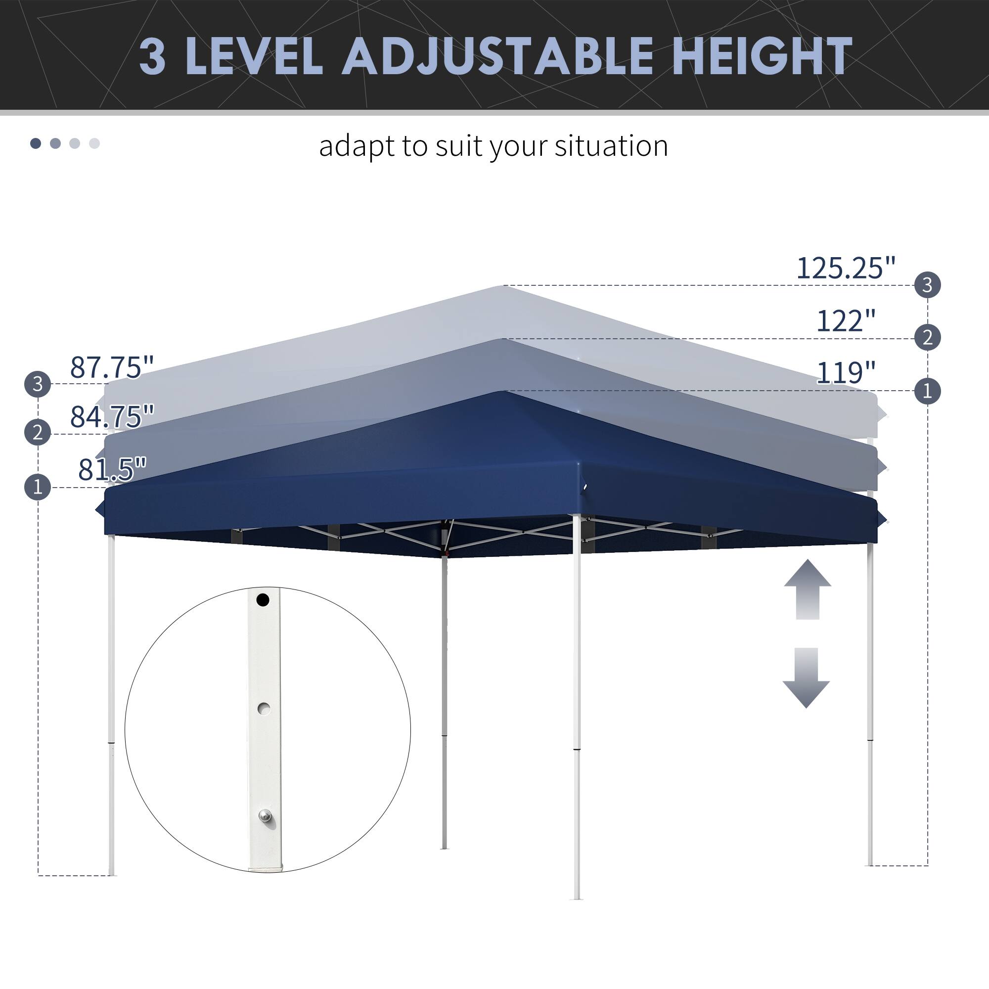 3 LEVEL ADJUSTABLE HEIGHT

adapt to suit your situation

87.75" 3
84.75" 2
81.50 1
125.25" 3
122" 2
119" 1