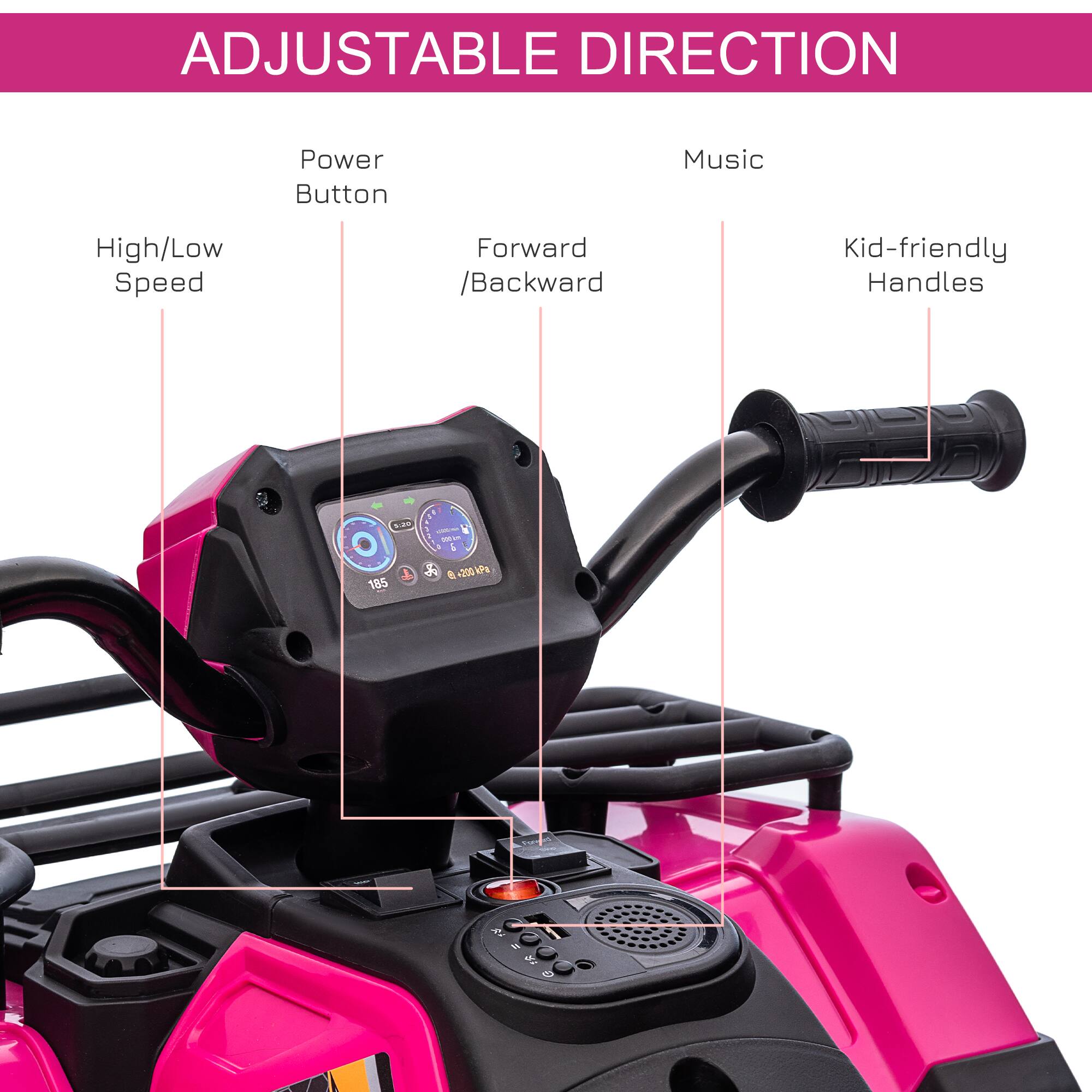 ADJUSTABLE DIRECTION

- Power Button
- High/Low Speed
- Forward/Backward
- Music
- Kid-friendly Handles

S.a T 185
24 6 00 P 1
