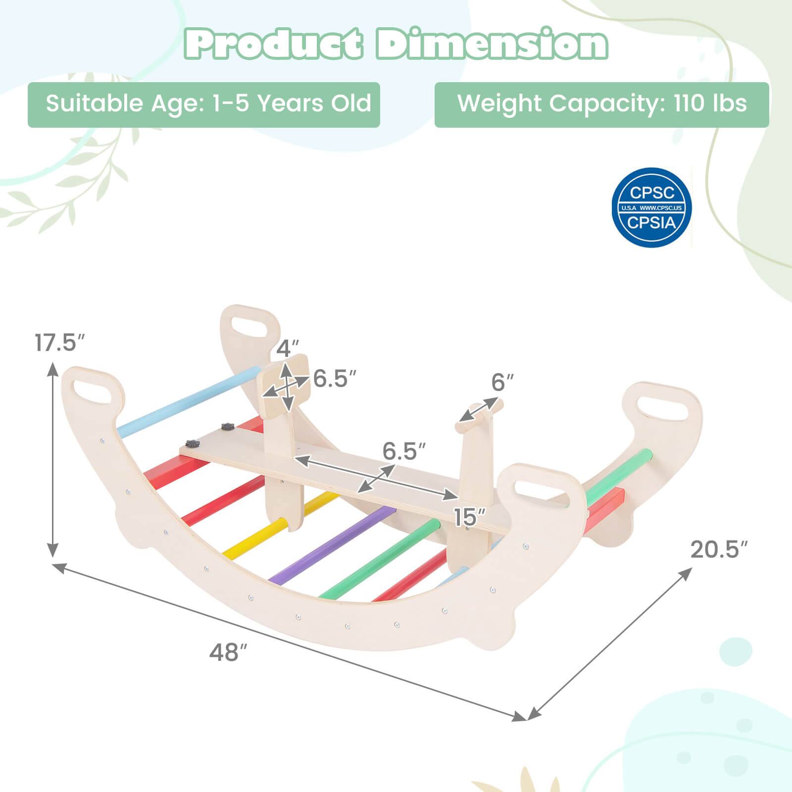 Product Dimension

Suitable Age: 1-5 Years Old

Weight Capacity: 110 lbs

CPSC CPSIA

17.5"  
4"  
6.5"  
6"  
6.5"  
15"  
20.5"  
48"