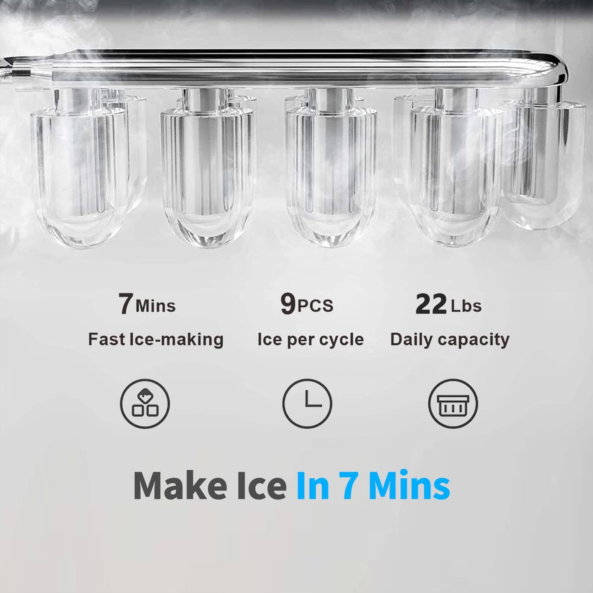 OULLO 7 Mins 9 PCS 22 Lbs Fast Ice-making Ice per cycle Daily capacity Make Ice In 7 Mins