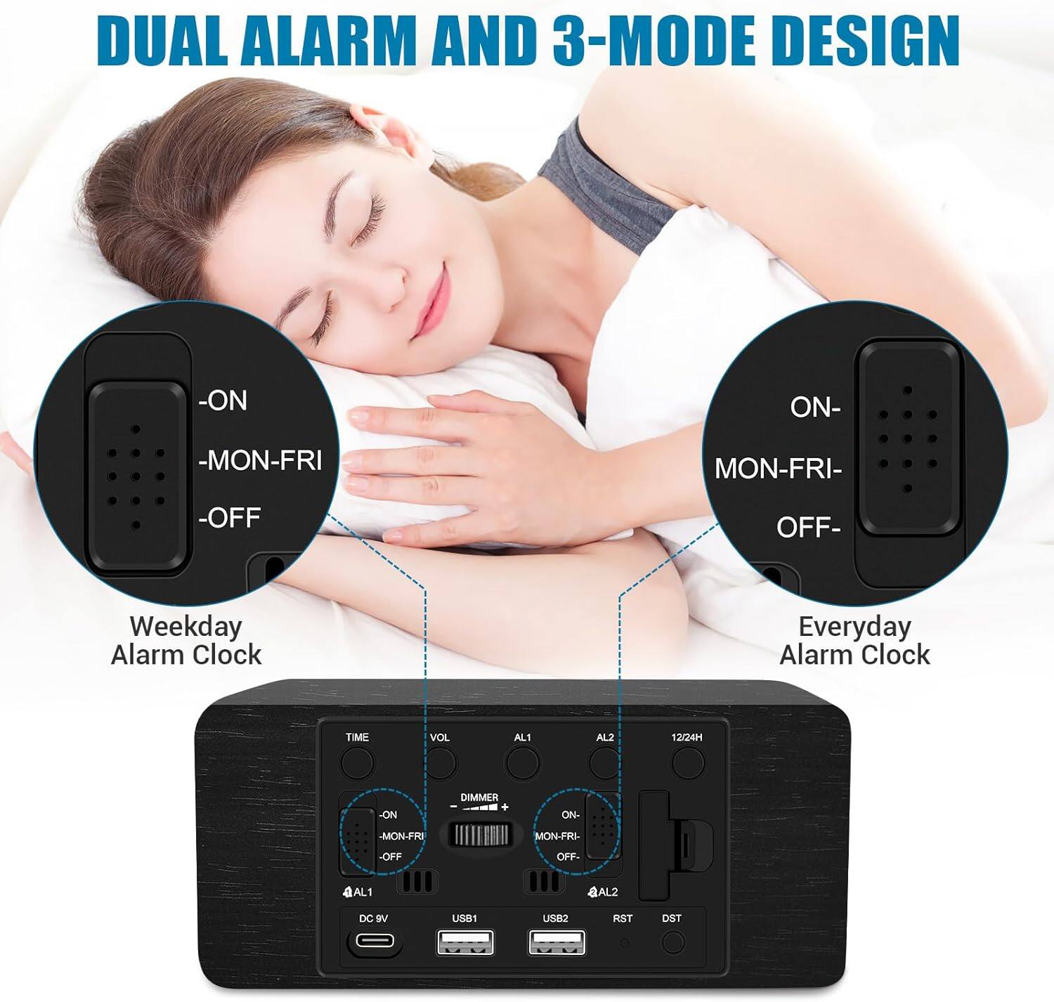 DUAL ALARM AND 3-MODE DESIGN

-ON
-MON-FRI
-OFF

Weekday Alarm Clock

-ON
-MON-FRI
-OFF

Everyday Alarm Clock

TIME VOL AL1 AL2 12/24H

-ON
-MON-FRI
-OFF

AL1 AL2 DC 5V USB1 USB2 RST DST