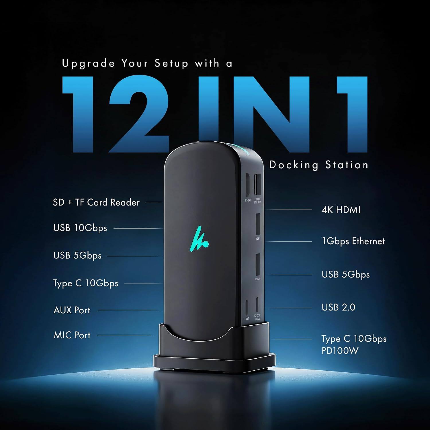 Upgrade Your Setup with a 12 IN 1 Docking Station

- SD + TF Card Reader
- 4K HDMI
- USB 10Gbps
- USB 5Gbps
- Type C 10Gbps
- 1Gbps Ethernet
- USB 5Gbps
- AUX Port
- USB 2.0
- MIC Port
- Type C 10Gbps PD100W