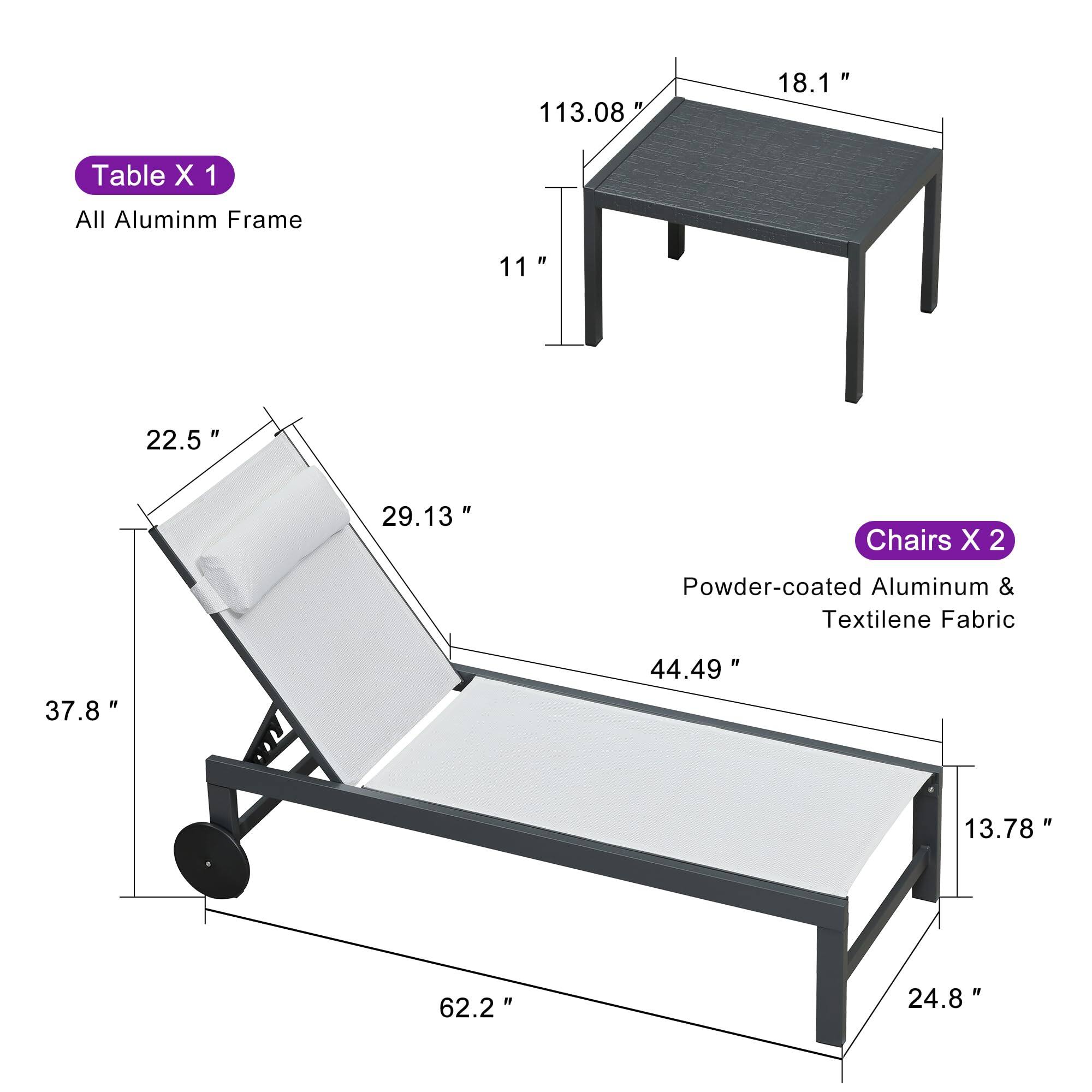 Table X 1  
All Aluminum Frame  
113.08" x 18.1" x 11"  
22.5" x 29.13"  

Chairs X 2  
Powder-coated Aluminum & Textilene Fabric  
62.2" x 44.49" x 37.8" x 13.78" x 24.8"