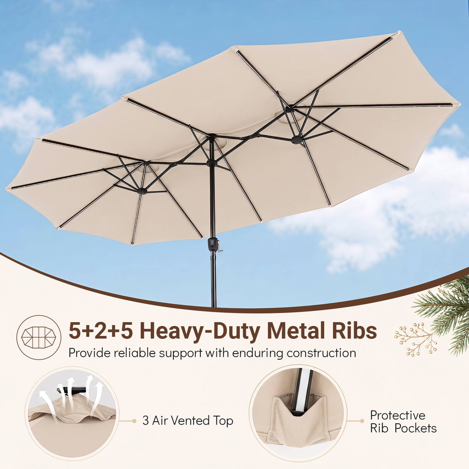 5+2+5 Heavy-Duty Metal Ribs Provide reliable support with enduring construction  
3 Air Vented Top  
Protective Rib Pockets