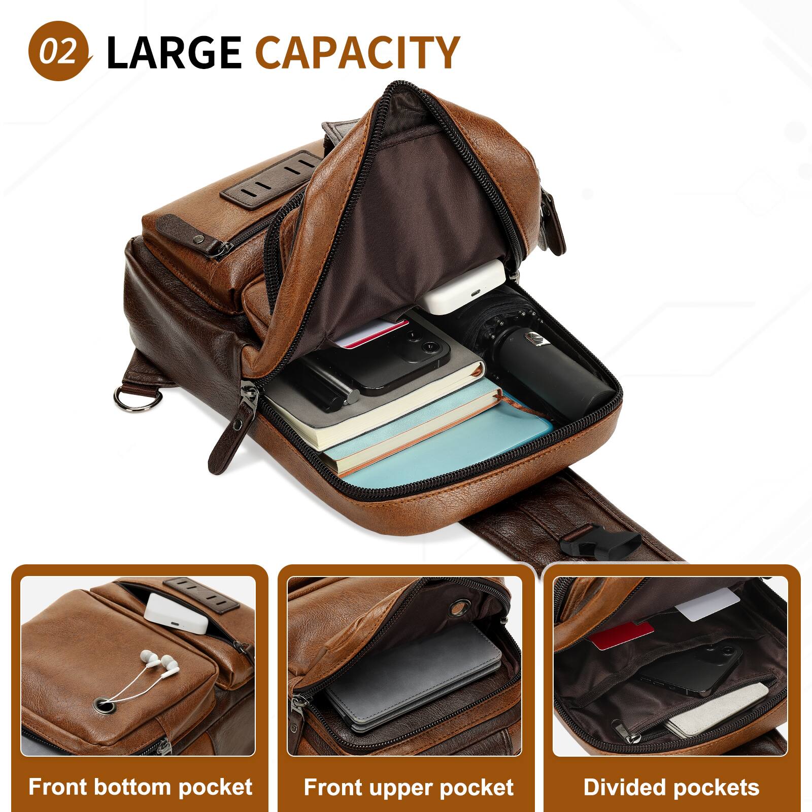 02 LARGE CAPACITY

Front bottom pocket  
Front upper pocket  
Divided pockets