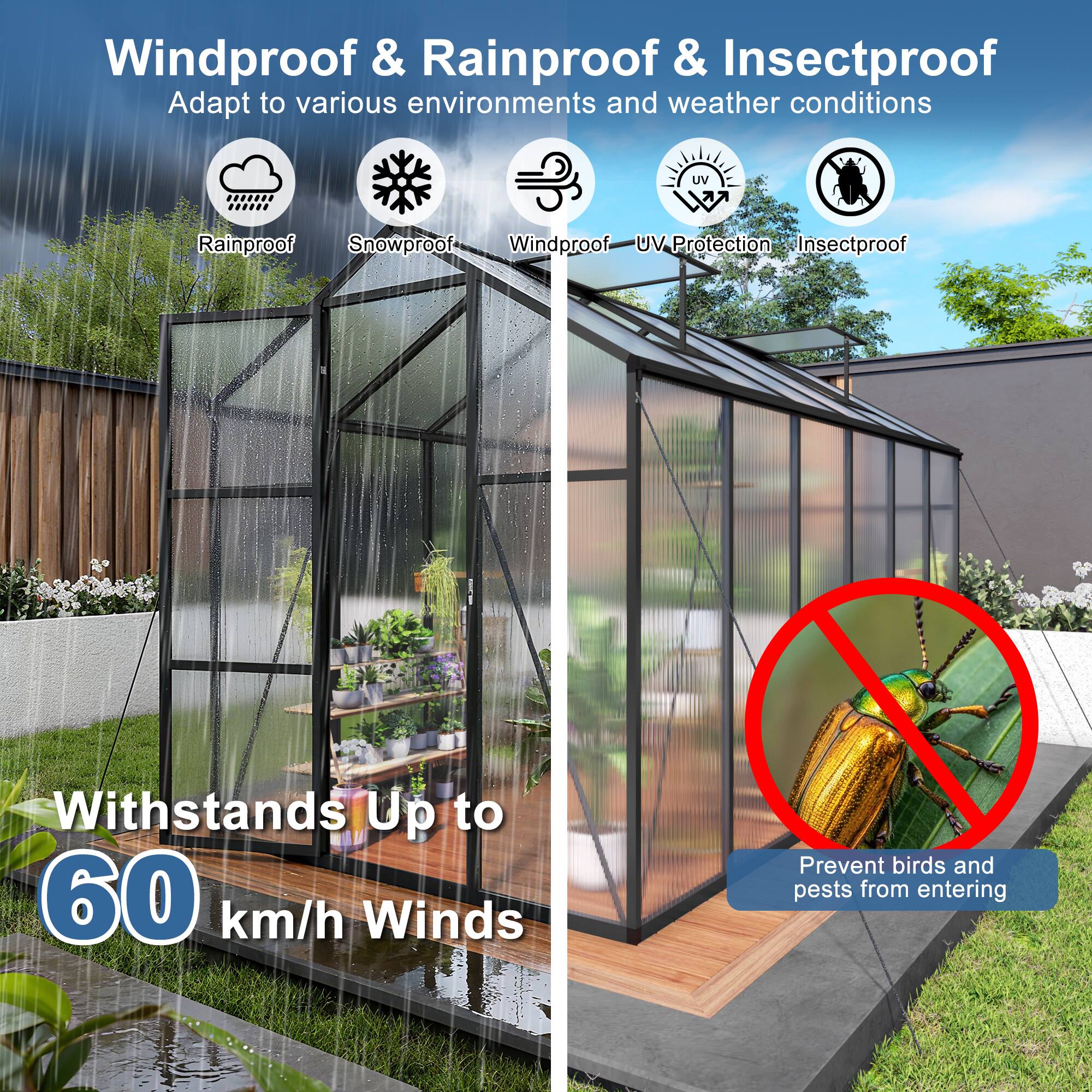 Windproof & Rainproof & Insectproof  
Adapt to various environments and weather conditions  

- Rainproof  
- Snowproof  
- Windproof  
- UV Protection  
- Insectproof  

Withstands Up to 60 km/h Winds  

Prevent birds and pests from entering