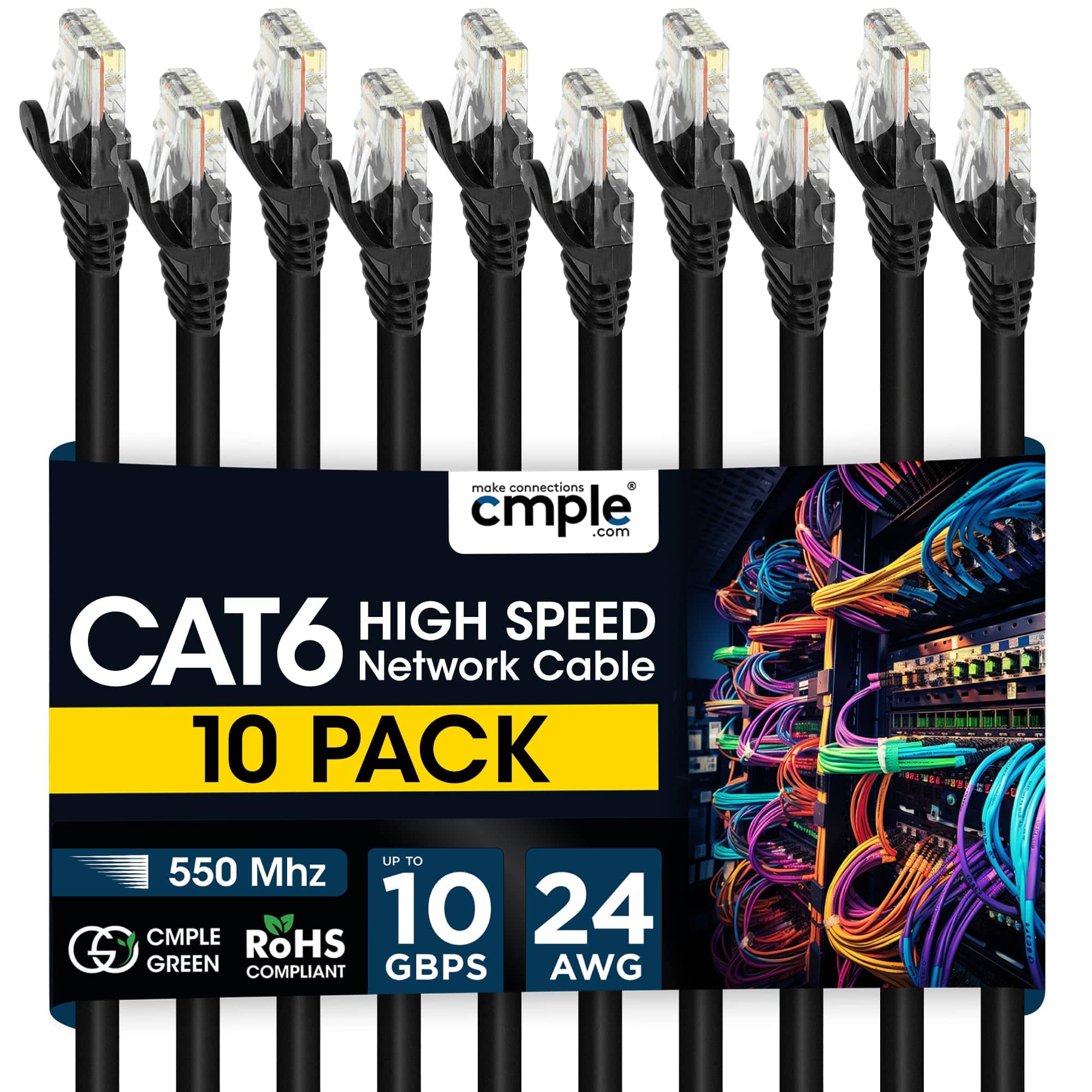 Cmple.com - Cmple - 10 Pack Cat6 Ethernet Cable 10 ft Cat 6 Network Cables, RJ45 Connector 10Gbps, LAN Patch Cord Internet - Black