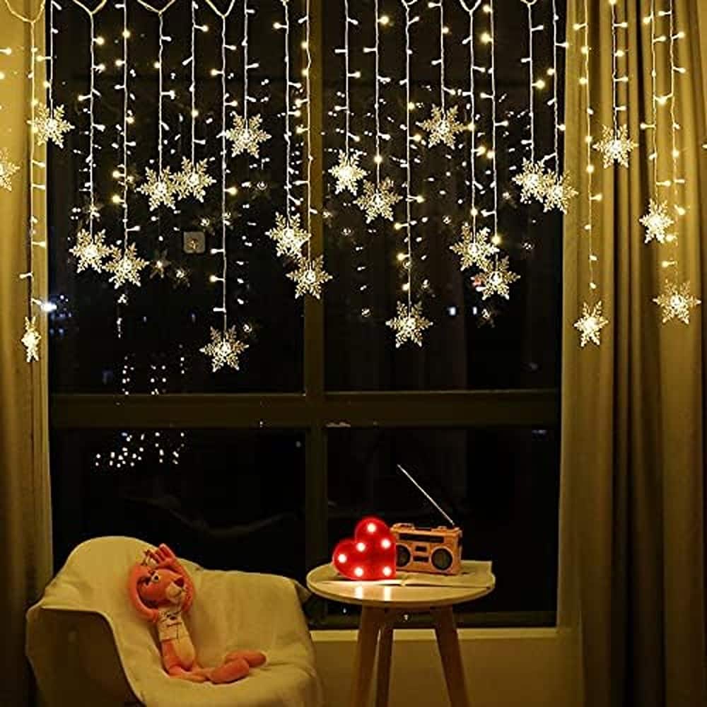 ACJPR - LED Snowflake Curtain String Lights, 13ft/4M 96 LED Plug-in Window Curtain Lights with 8 Modes for Christmas, Wedding, P