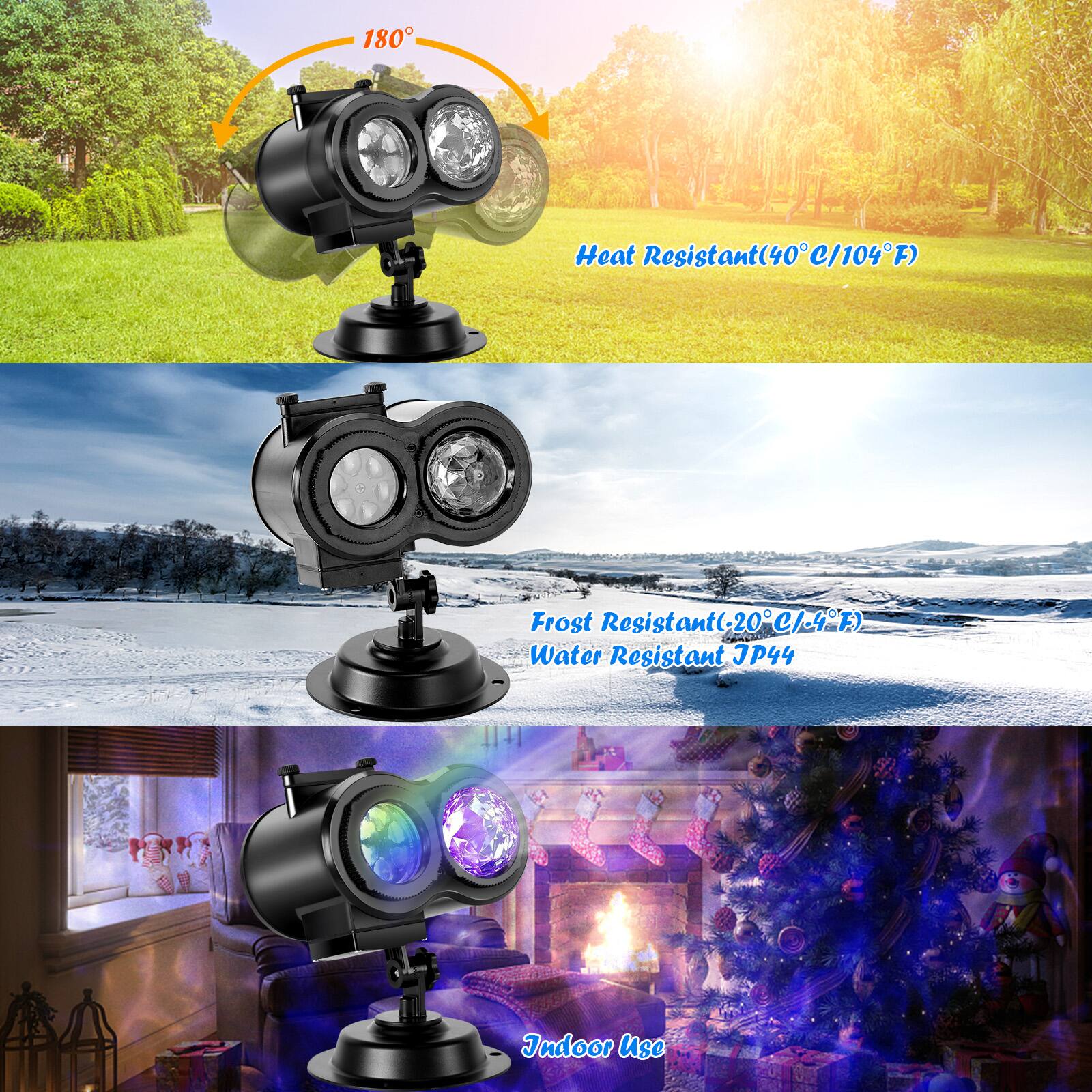 180° Heat Resistant (40°C/104°F) Frost Resistant (-20°C/-4°F) Water Resistant JP44 Indoor Use