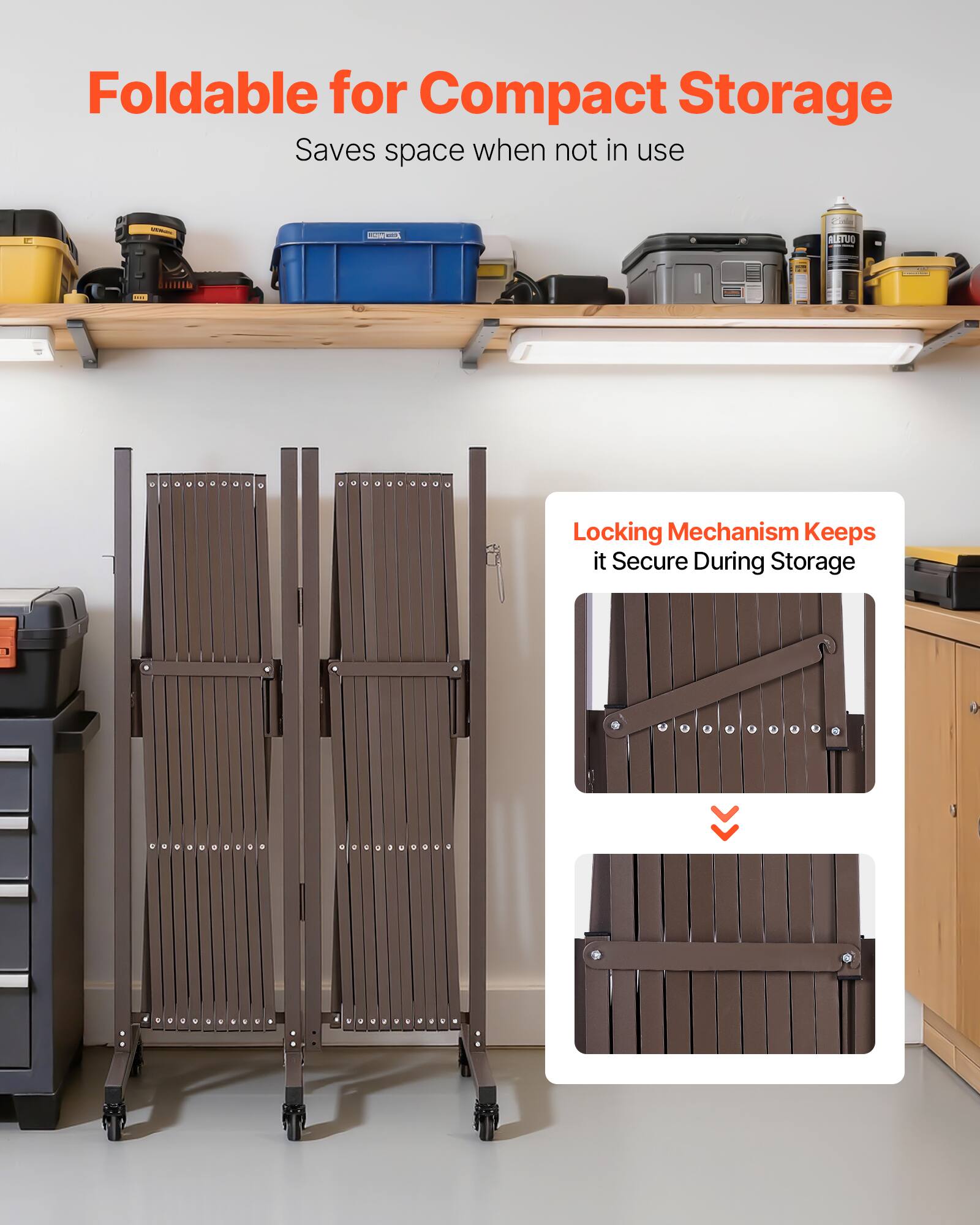 Foldable for Compact Storage  
Saves space when not in use  

Locking Mechanism Keeps it Secure During Storage