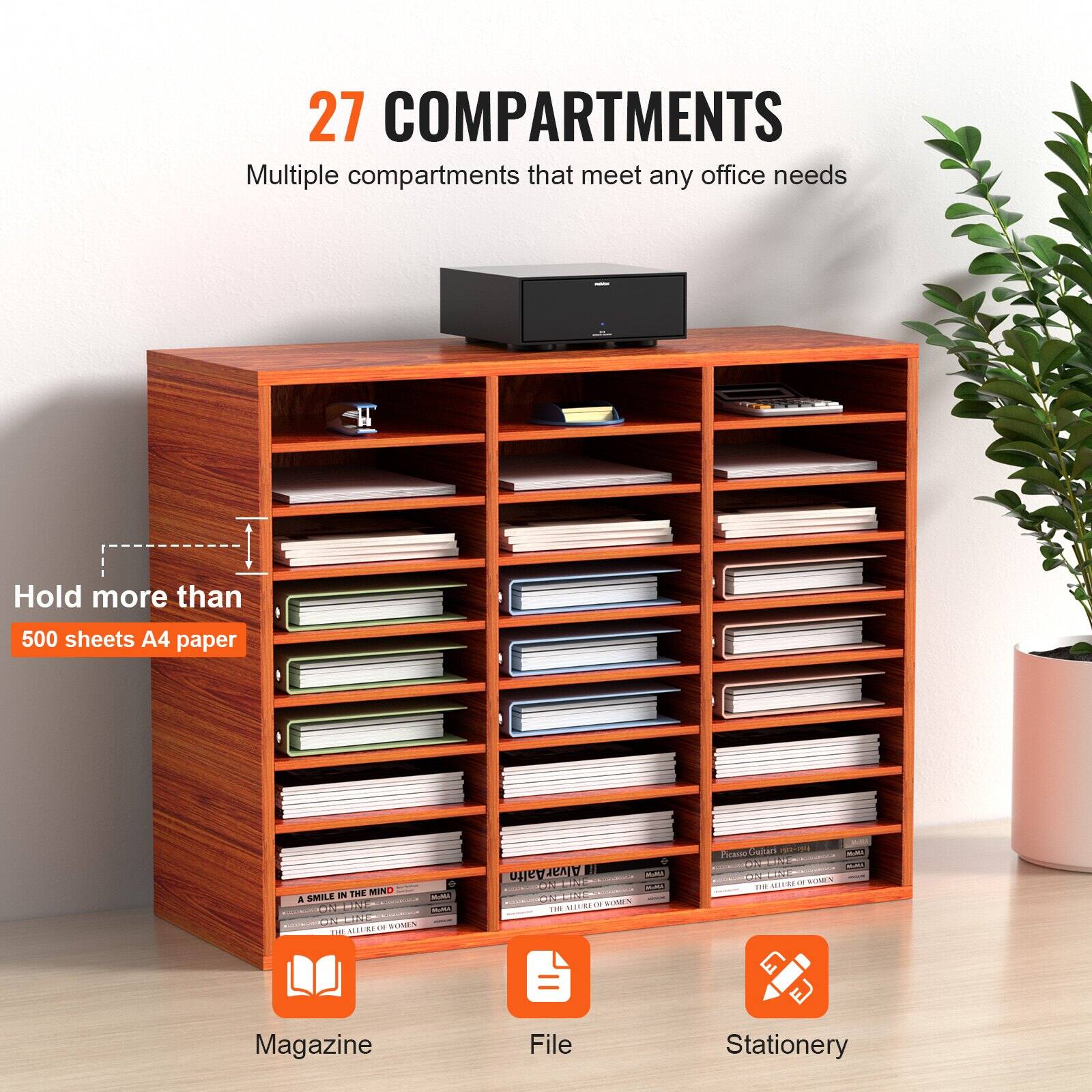 27 COMPARTMENTS  
Multiple compartments that meet any office needs  

Hold more than 500 sheets A4 paper  

Magazine  
File  
Stationery