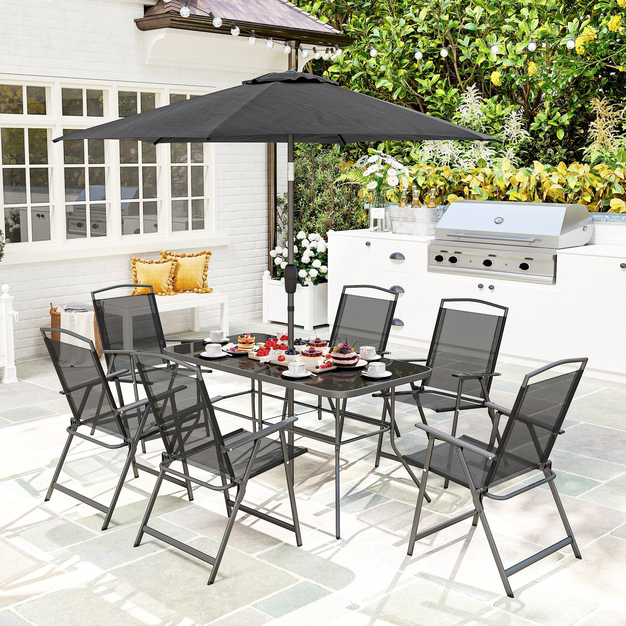 Alt View 1. Outsunny - Piece Outdoor Dining Set, Patio Furniture Set with Umbrella, 6 Folding Chairs - Black.