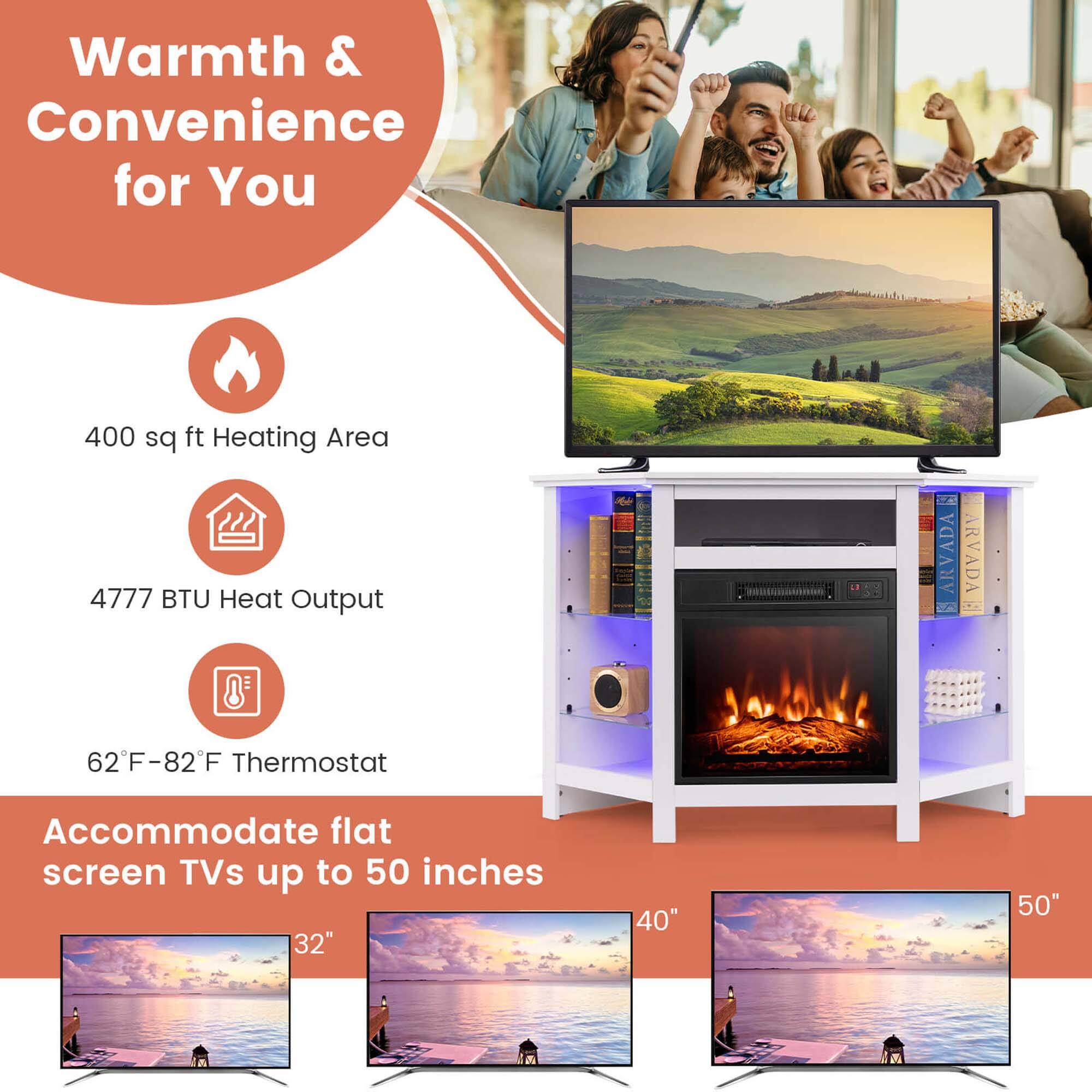 Warmth & Convenience for You

- 400 sq ft Heating Area
- 4777 BTU Heat Output
- 62°F – 82°F Thermostat

Accommodate flat screen TVs up to 50 inches

- 32"
- 40"
- 50"