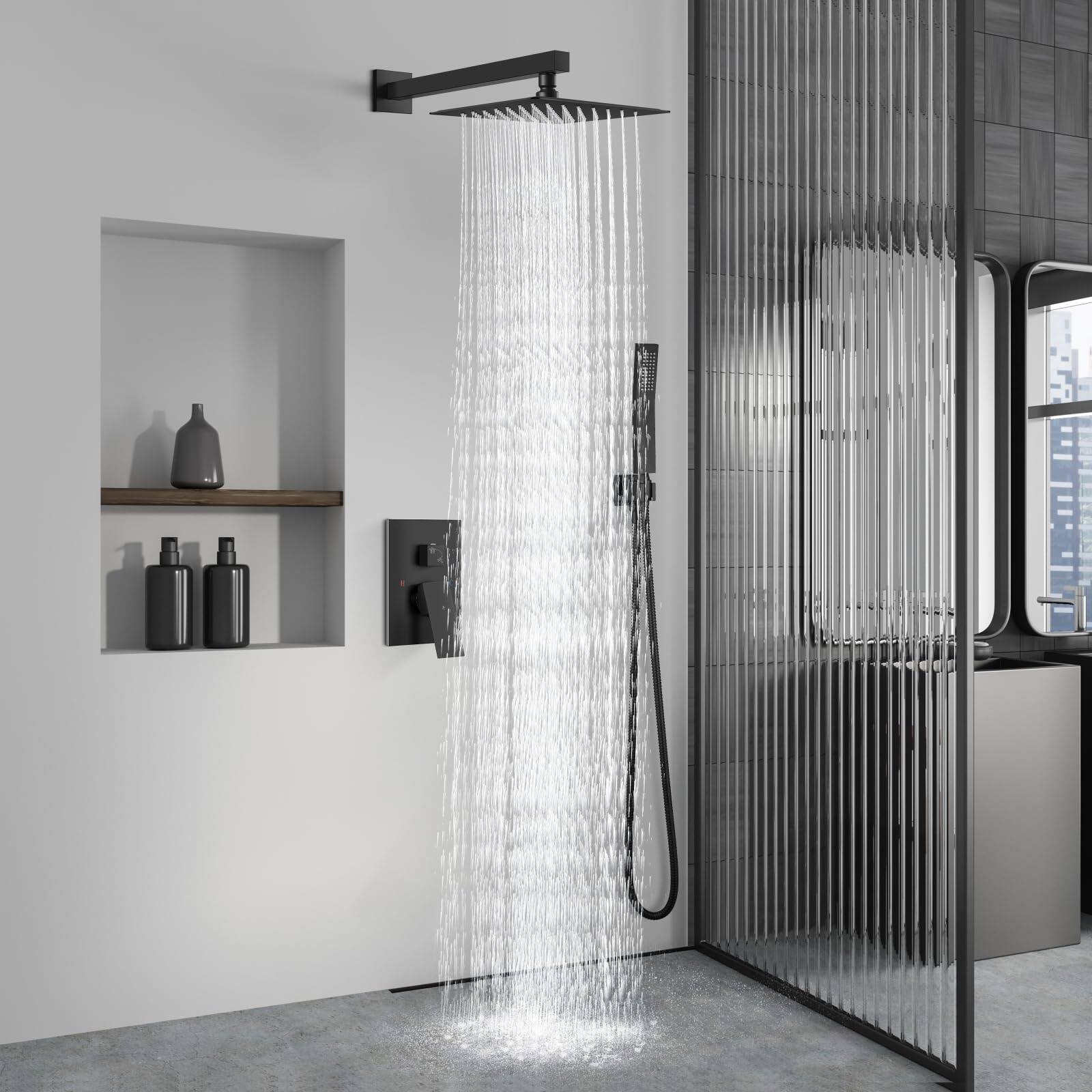 Alt View 2. Paradigms Interiors - Shower Faucet Set Rain System With Handheld Spray Bathroom Combo Rough in Valve And Trim Kit Included Wall ... - Matte Black-8 Inch Wall Mount Shower Head.