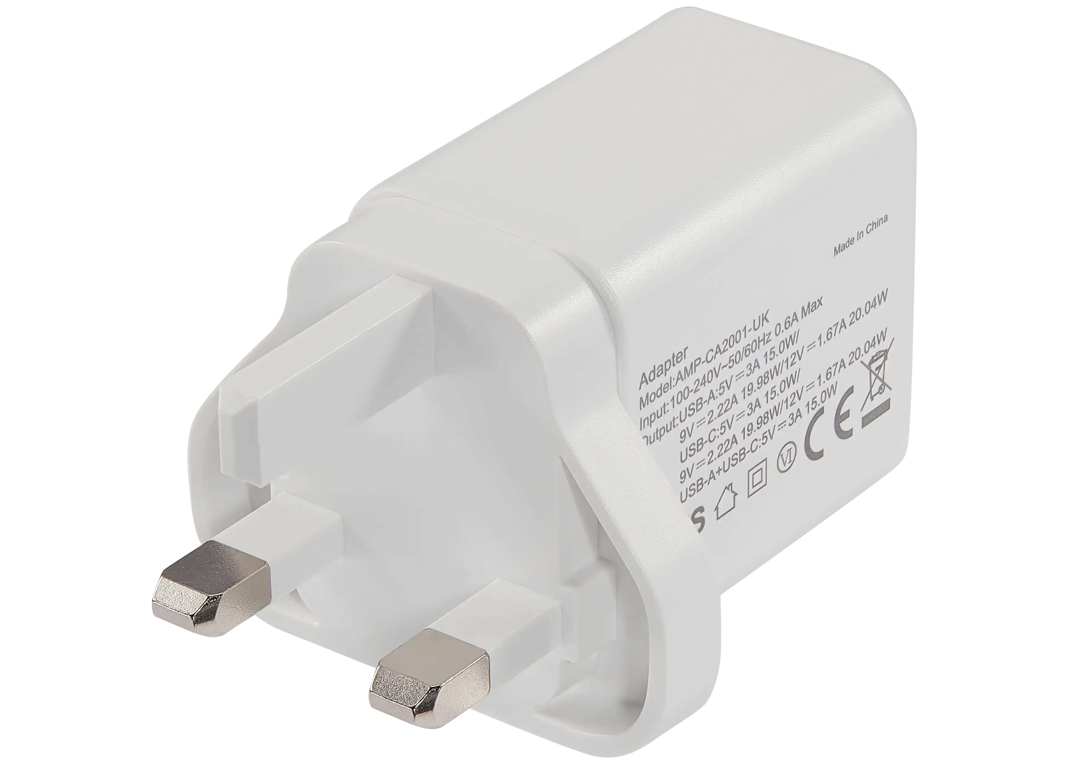 China in Made Max 04W 0.6A 20.6TA 04W  
Model: AMP-CA2001-UK  
15.0W/12V 1.67A  
Adapter  
Output:  
USB-A: 5V=3A  
USB-C: 5V=3A