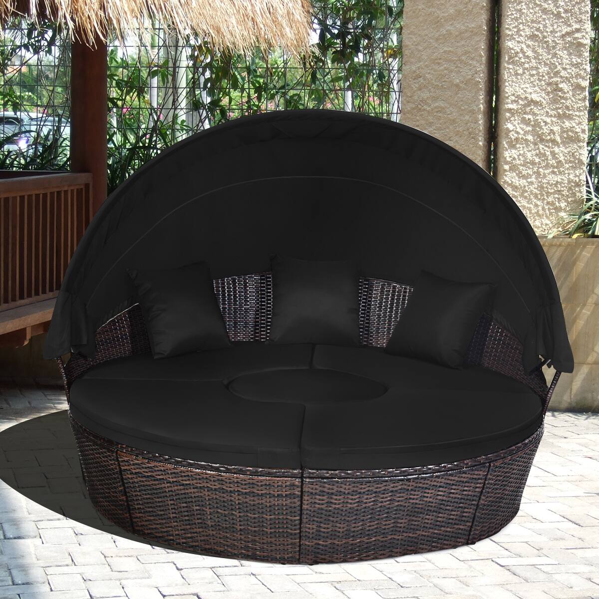 Alt View 3. Costway - Patio Rattan Daybed Cushioned Sofa Adjustable Table Top Canopy - Black.