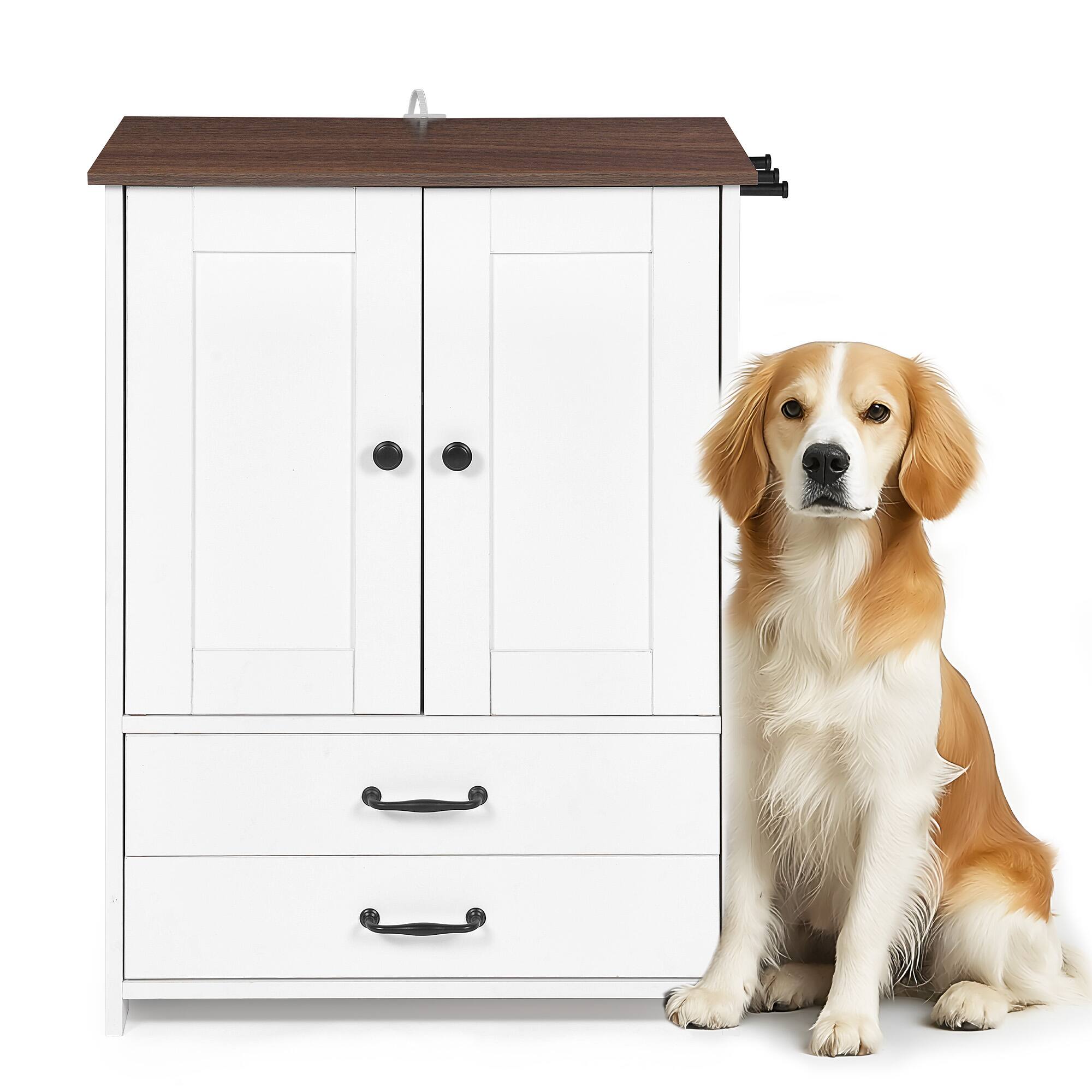Alt View 1. Yardgrace - Dog feeding station, double door locker with 2 adjustable dog bowls, 3 hooks on right side, white - White.