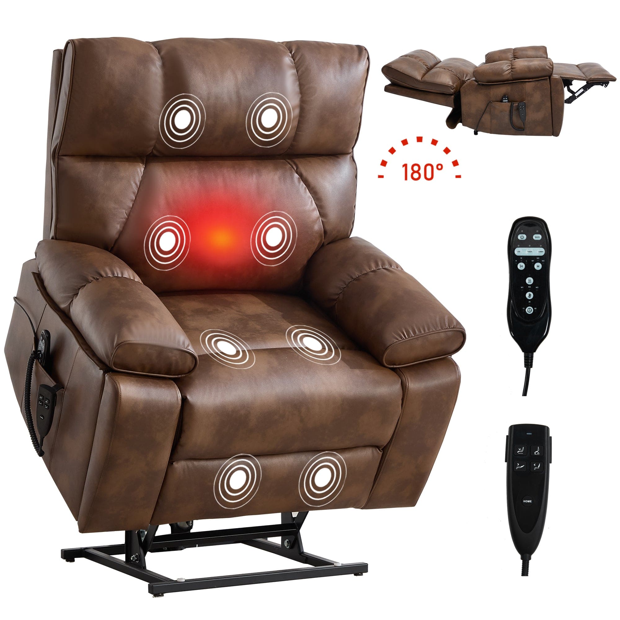 Boyel Living - Leatheraire Dual Motor Power Lift Recliner, Heat & Massage, Infinite Positions, Hidden Cup Holders - Brown