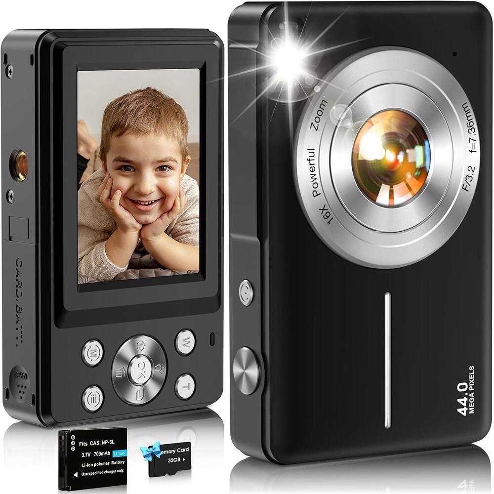 ACJPR - FHD 1080P Digital Camera, 44MP, 16X Zoom, Anti-Shake, 32GB Card, Black