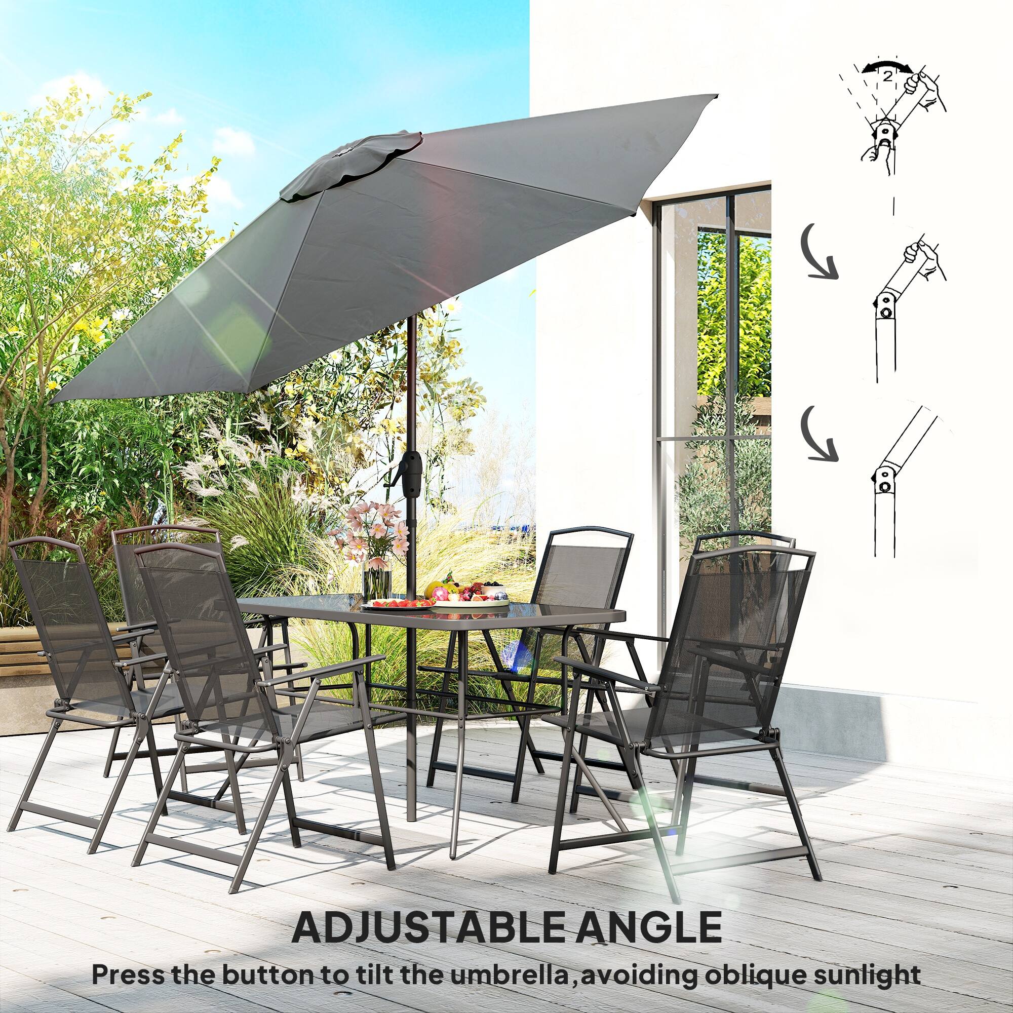 ADJUSTABLE ANGLE  
Press the button to tilt the umbrella, avoiding oblique sunlight