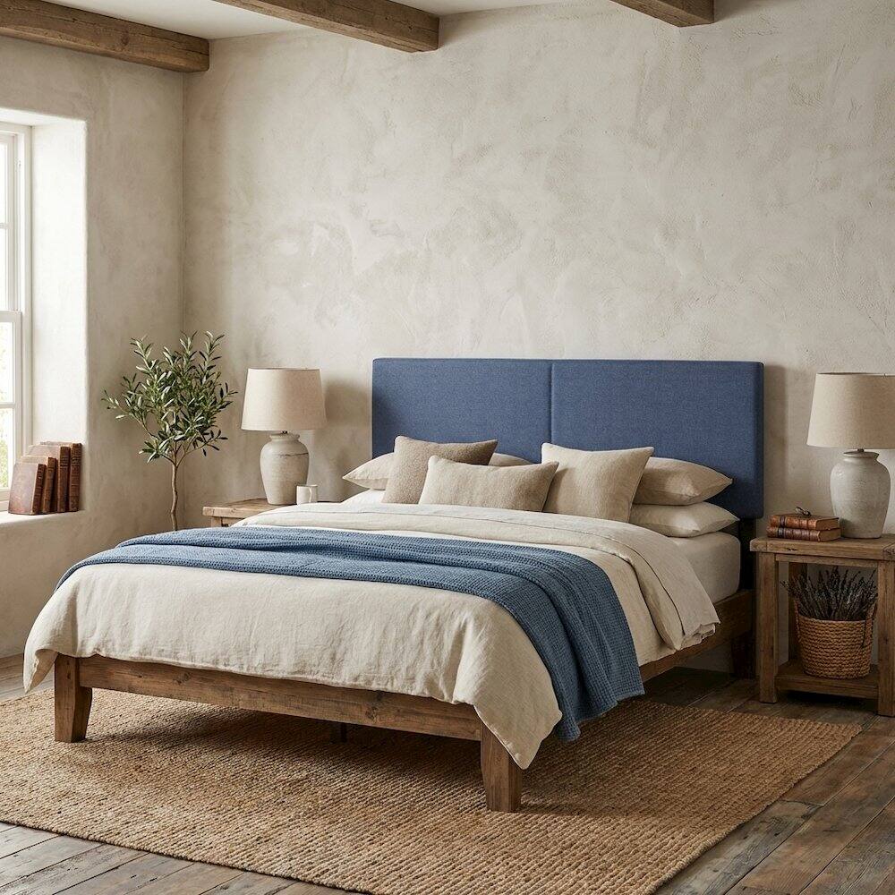 Angle. FurniFact - Blue Denim Upholstered King Headboard with Soft Fabric and Sturdy Frame - Blue Denim.