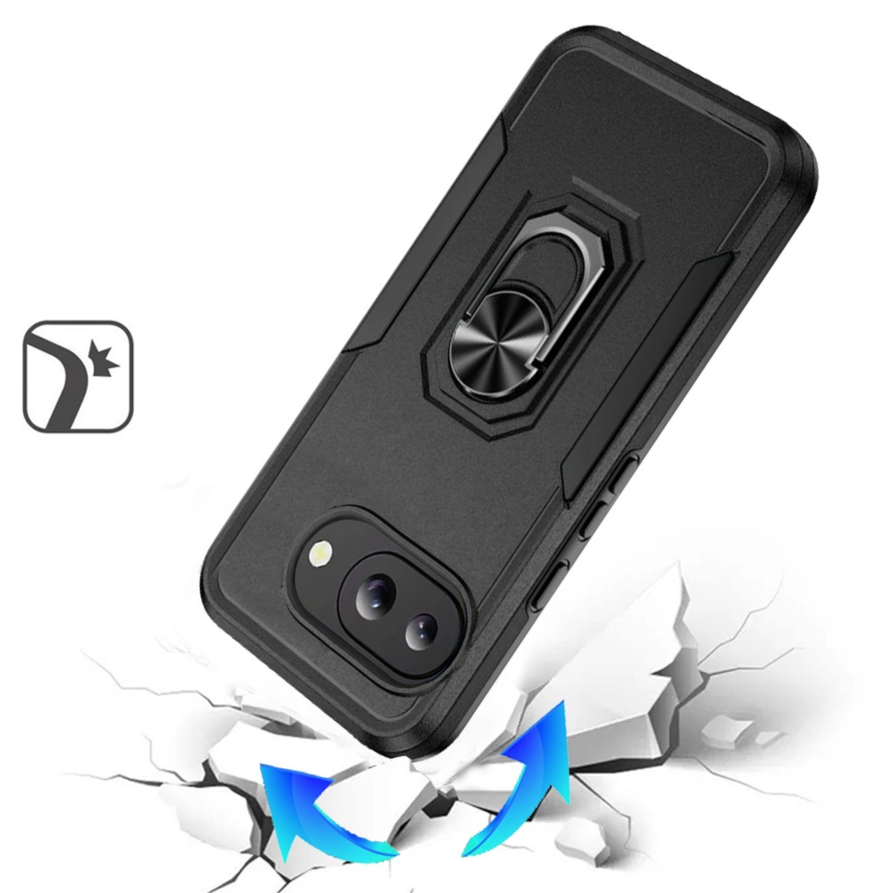 Angle. Kitcheniva - Fused Rugged Phone Case With Metal Ring Stand Tempered Glass For Google Pixel 10a Black - Black.