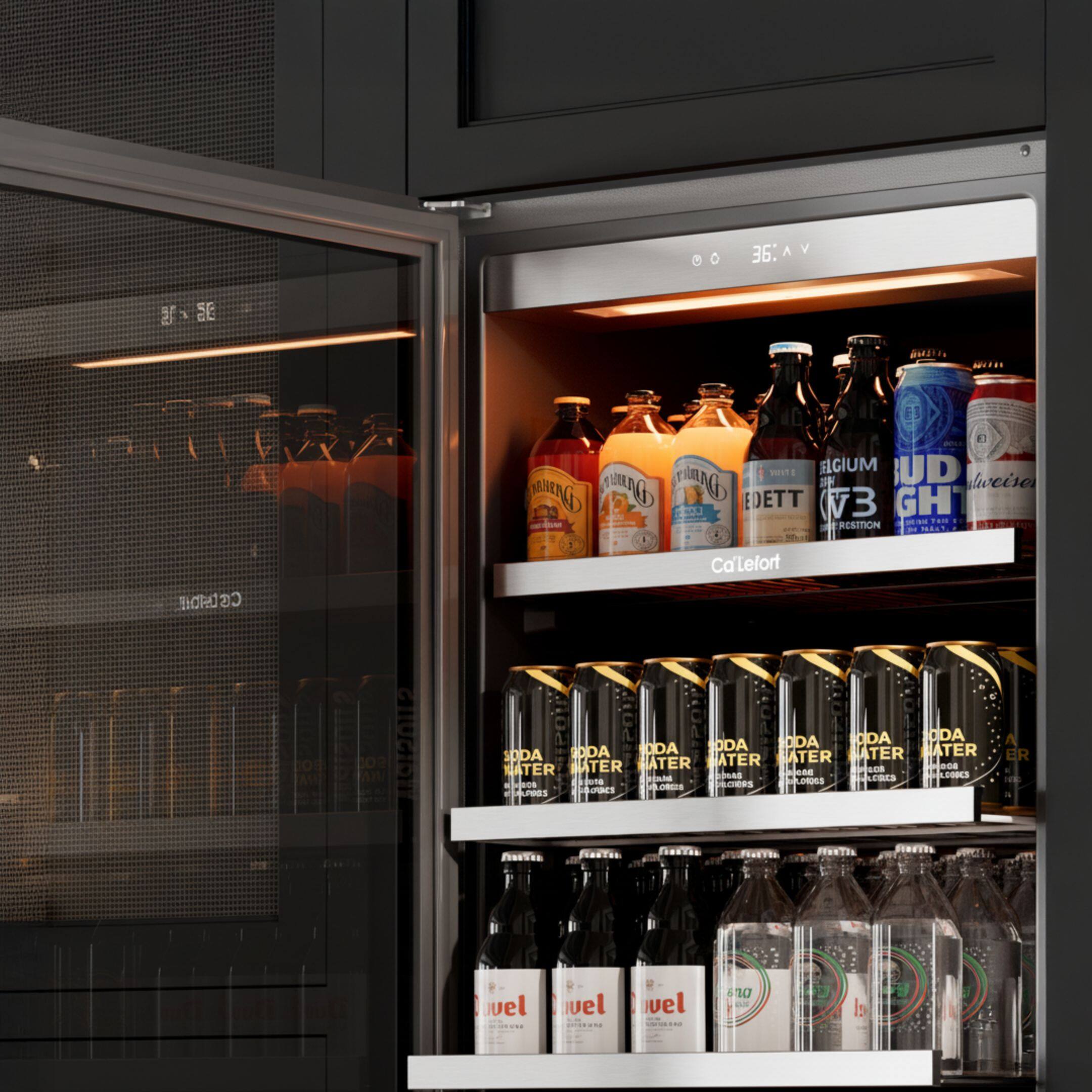 Sure, here is the corrected and grouped text from the image:

---

**Top Shelf:**
- CaLefort
- 36.4 V

**Second Shelf:**
- BELGIUM
- V3
- EDETT
- BUD
- GH
- duvel
- RESISTION
- SODA WATER
- SODA WATER
- SODA WATER
- SODA WATER
- SODA WATER
- SODA WATER
- SODA WATER
- SODA WATER
- SODA WATER
- SODA WATER
- SODA WATER
- SODA WATER
- SODA WATER
- SODA WATER
- SODA WATER
- SODA WATER
- SODA WATER
- SODA WATER
- SODA WATER
- SODA WATER
- SODA WATER
- SODA WATER
- SODA WATER
- SODA WATER
- SODA WATER
- SODA WATER
- SODA WATER
- SODA WATER
- SODA WATER
- SODA WATER
- SODA WATER
- S