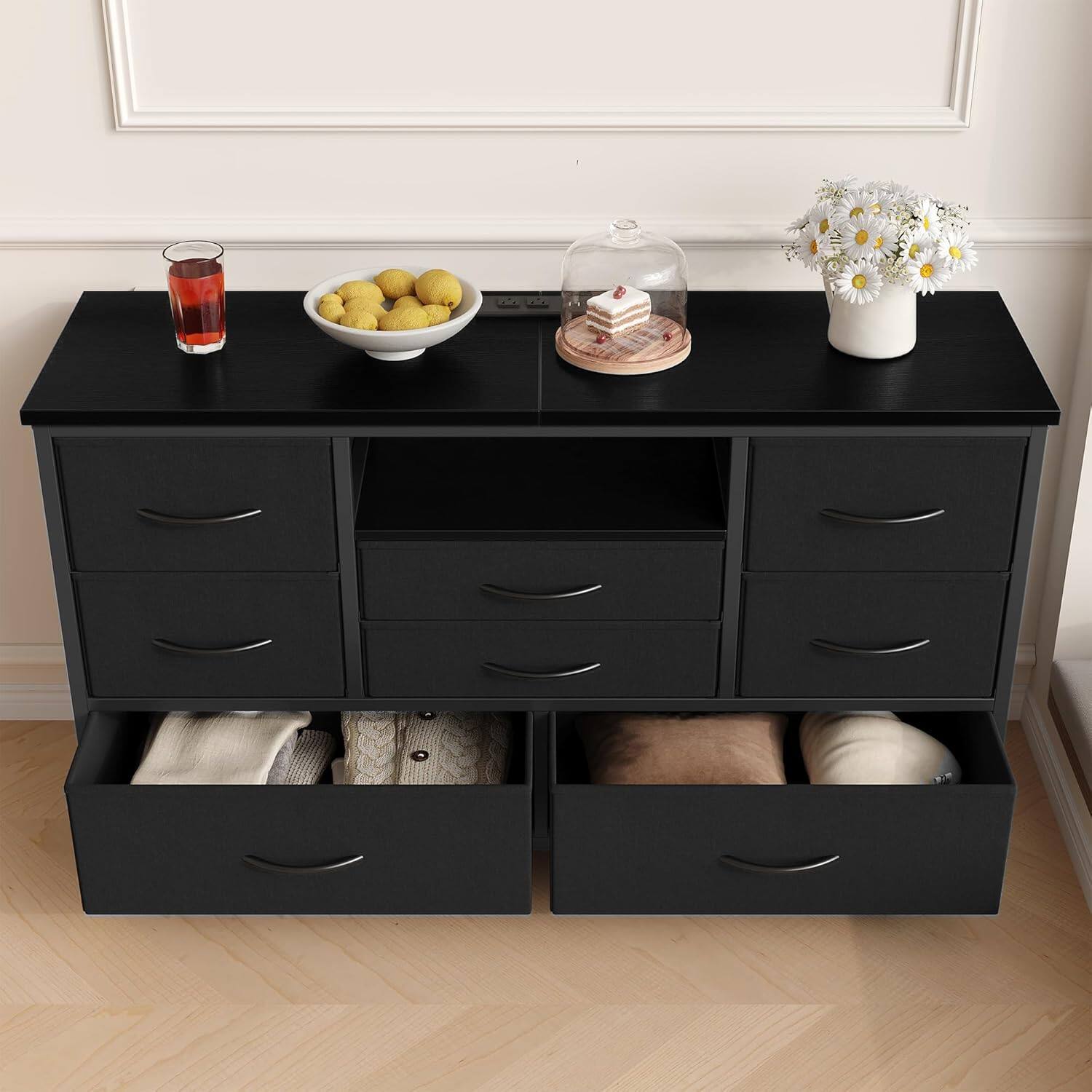 Alt View 2. Maxxis Merch - 8 Drawer TV Cabinet with Socket, Dresser TV Stand for 50 Inch TV, TV Console Table with Storage, Adjustable Feet - Black.