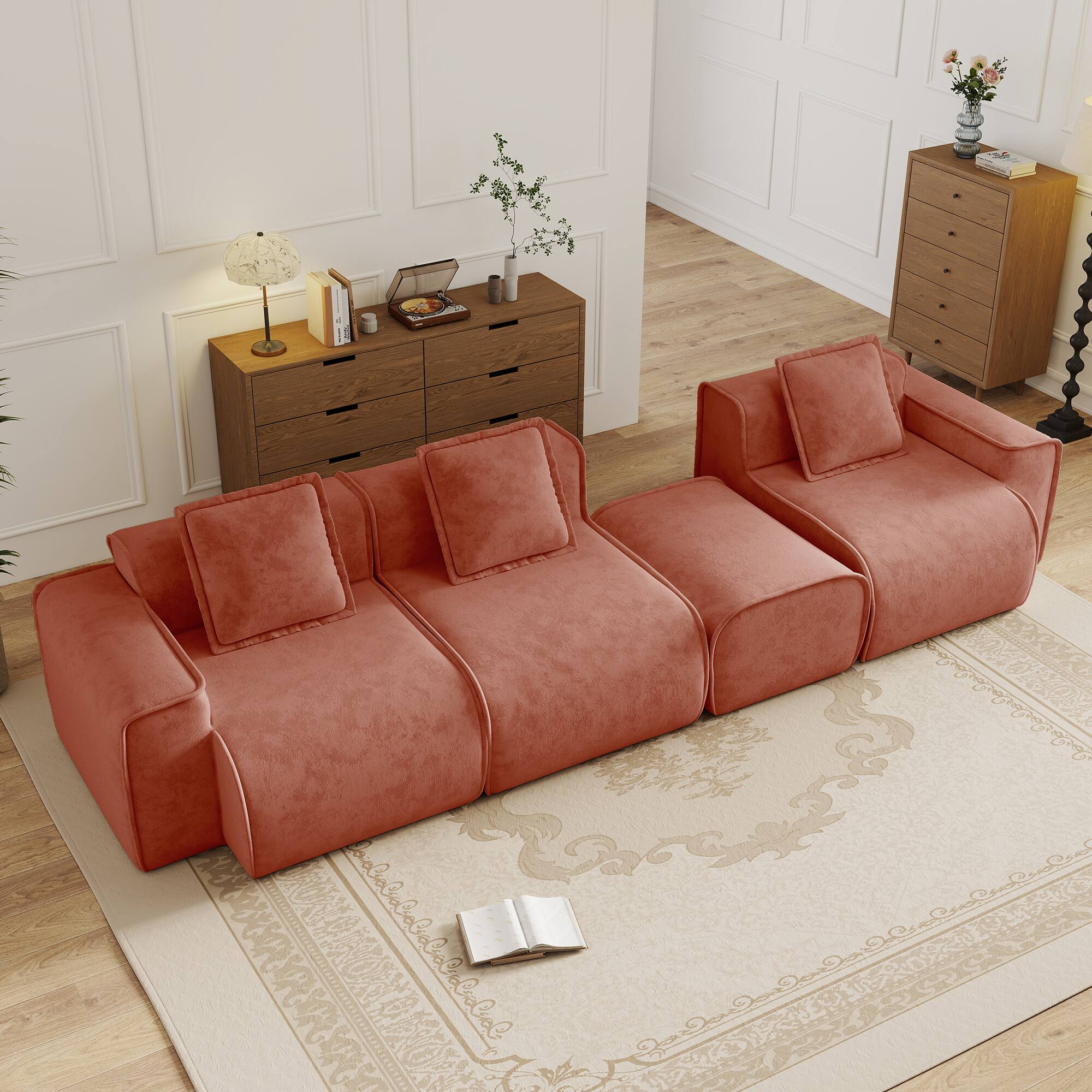 Angle. Anysun - Streamlined L-Shape Velvet Sectional Sofa - 3-Seat Boneless Design, No Assembly, Includes Pillows & Ottoman - Red.