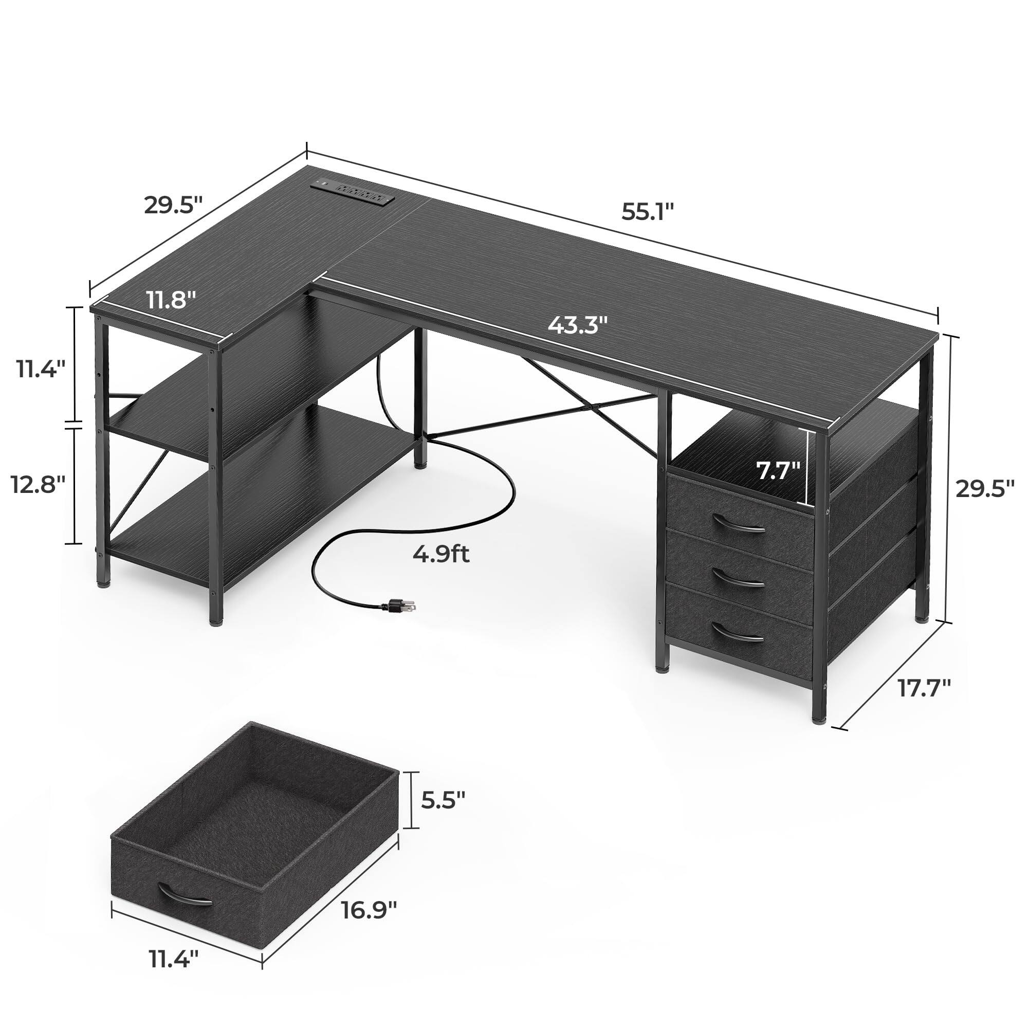 Sure, here is the corrected and grouped text from the image:

- **Table Dimensions:**
  - Length: 55.1"
  - Width: 29.5"
  - Depth: 43.3"
  - Height: 29.5"
  - Shelf Height: 11.8"
  - Shelf Depth: 11.4"
  - Shelf Height: 12.8"
  - Overall Height: 4.9ft

- **Cabinet Dimensions:**
  - Width: 29.5"
  - Height: 17.7"
  - Depth: 7.7"

- **Drawer Dimensions:**
  - Width: 16.9"
  - Depth: 11.4"
  - Height: 5.5"