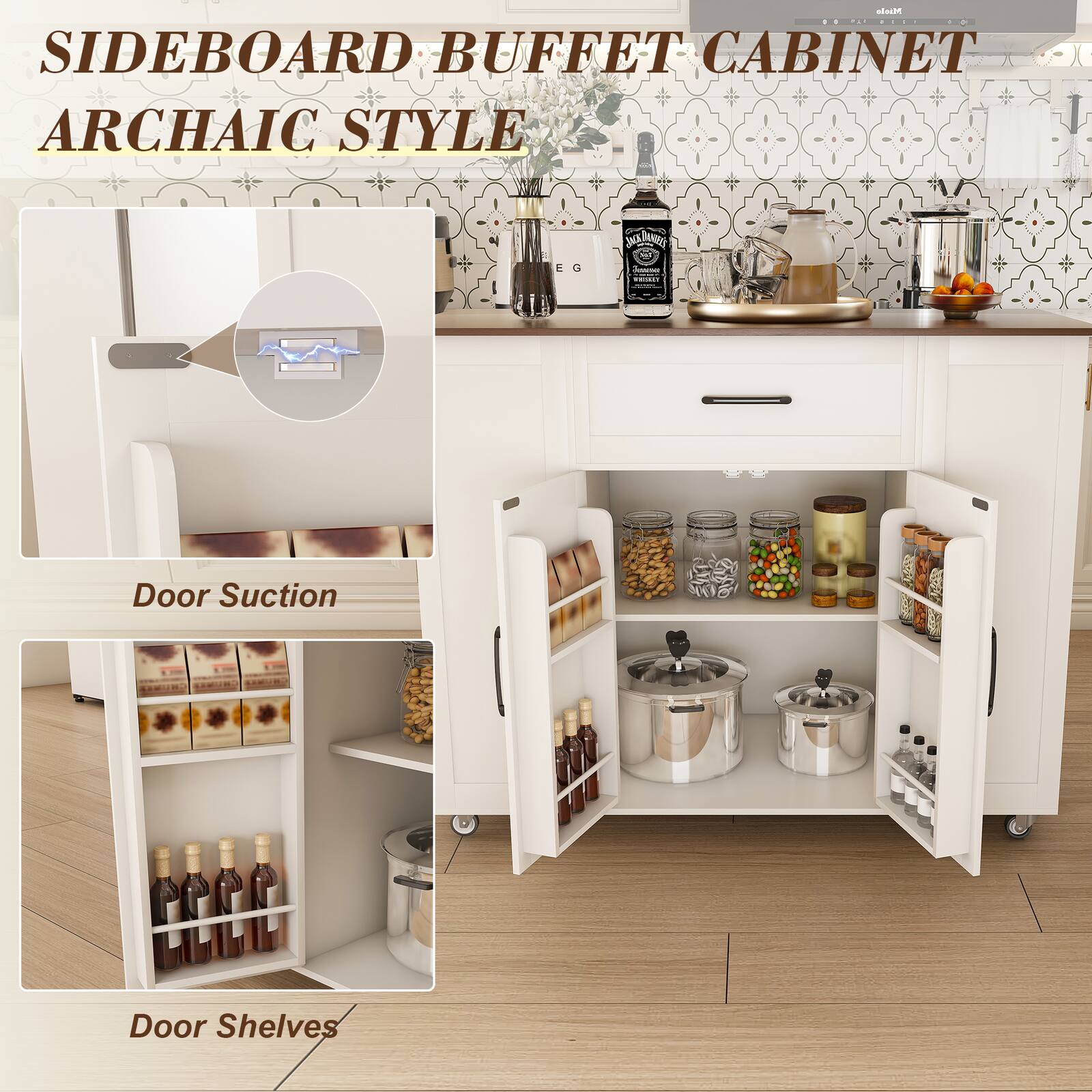 SIDEBOARD BUFFET CABINET  
ARCHAIC STYLE  

Door Suction  

Door Shelves