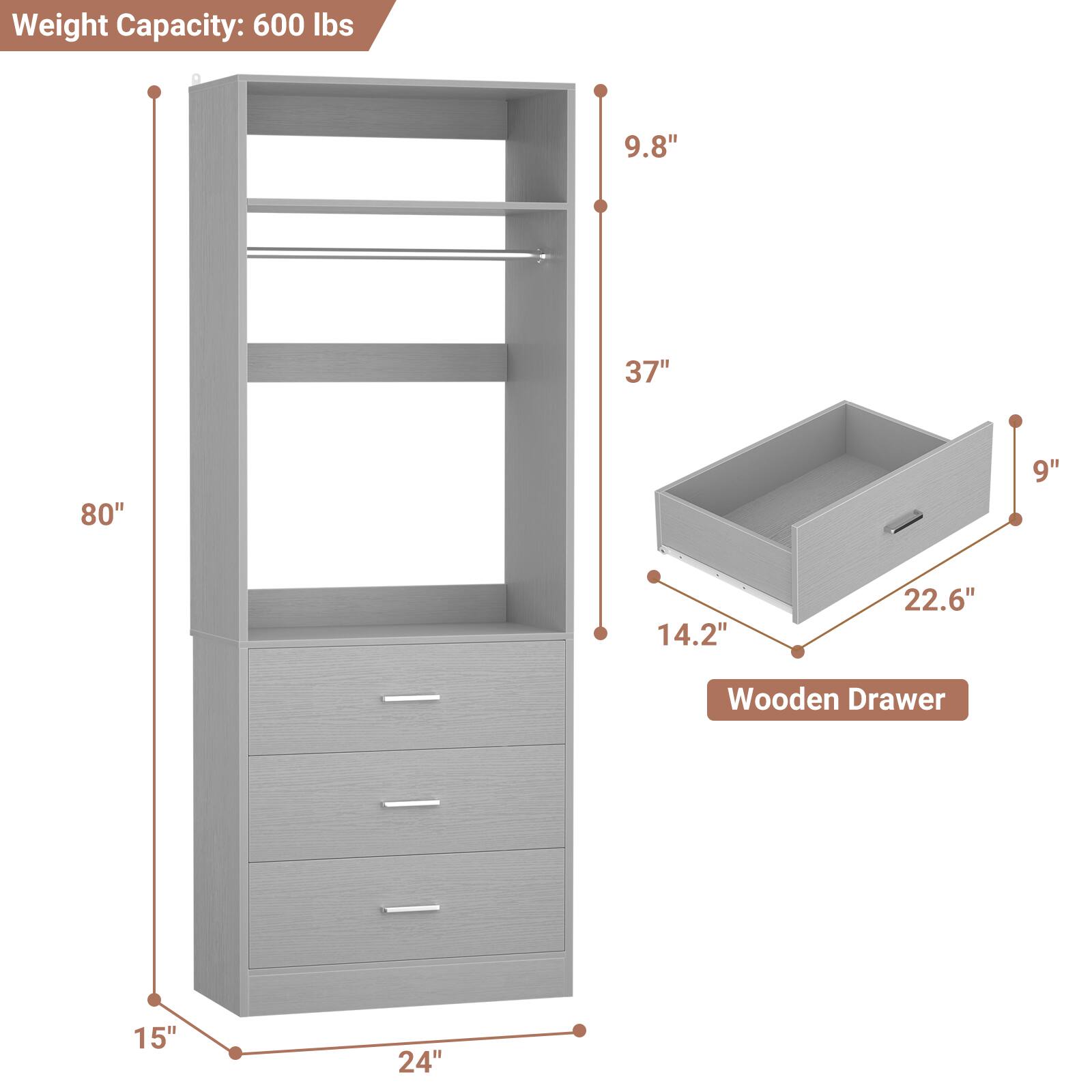 Weight Capacity: 600 lbs  
9.8"  
37"  
80"  
9"  
14.2"  
22.6"  
Wooden Drawer  
15"  
24"