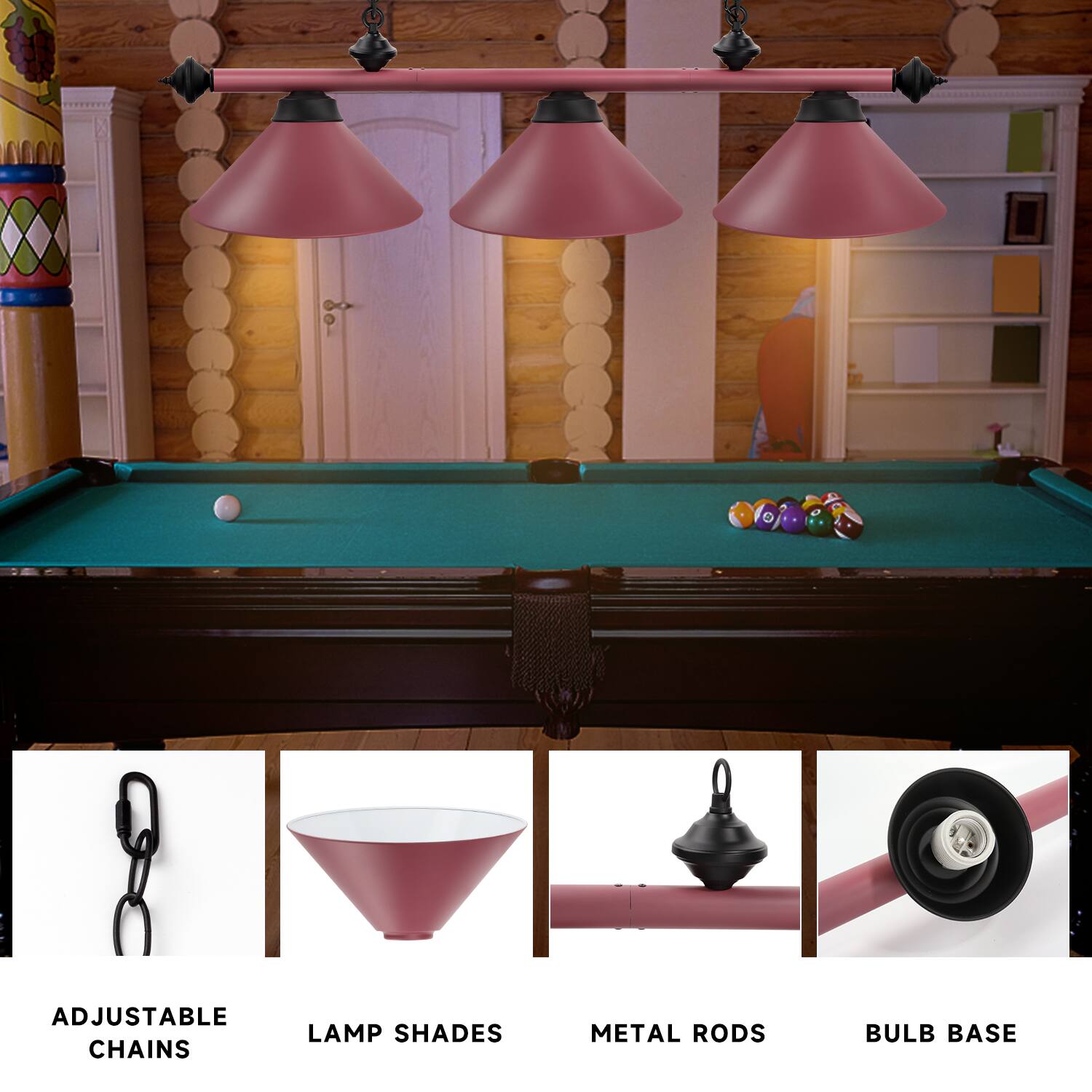 ADJUSTABLE CHAINS
LAMP SHADES
METAL RODS
BULB BASE