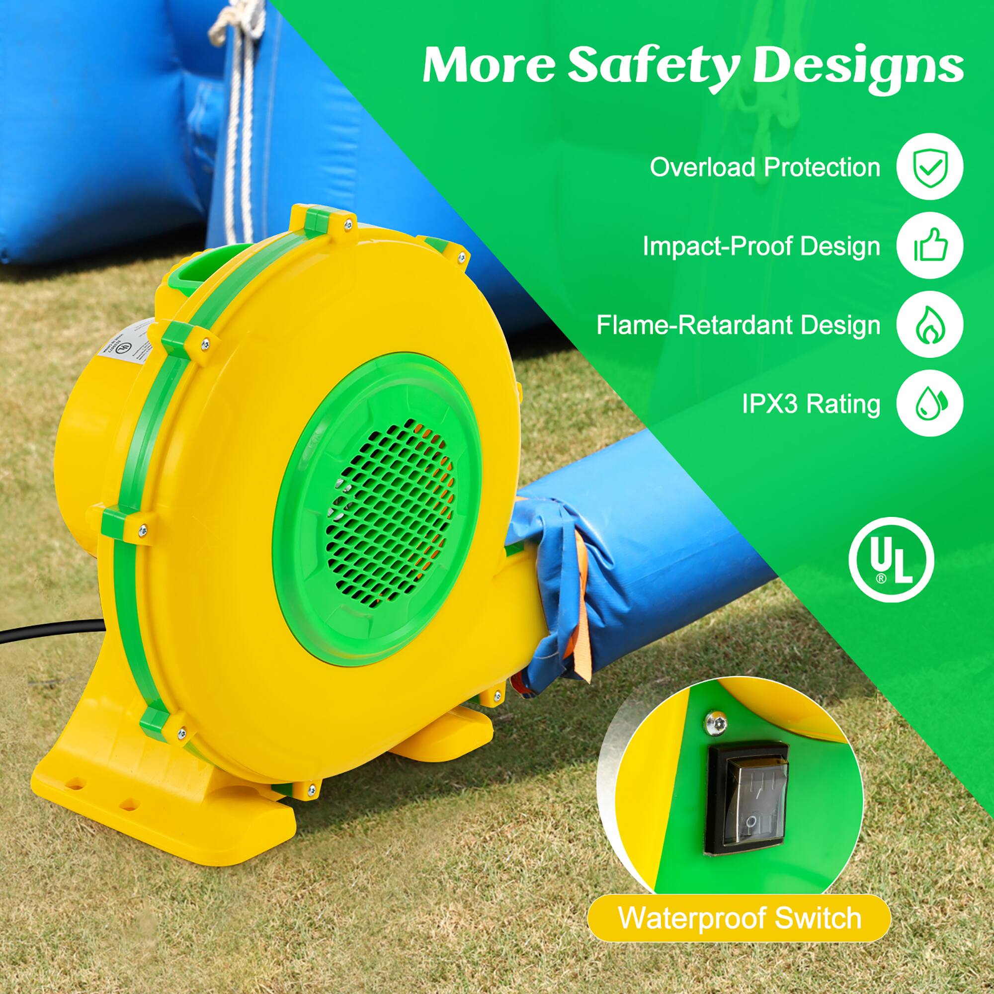 More Safety Designs  
- Overload Protection  
- Impact-Proof Design  
- Flame-Retardant Design  
- IPX3 Rating  
- Waterproof Switch