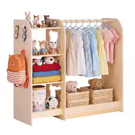 VEVOR - Kids Dress Up Storage, with Mirror, Wooden Kids Dress Up Rack, Toddler Wardrobe Closet for Little Girls, Storage Armoire - Natural Wood