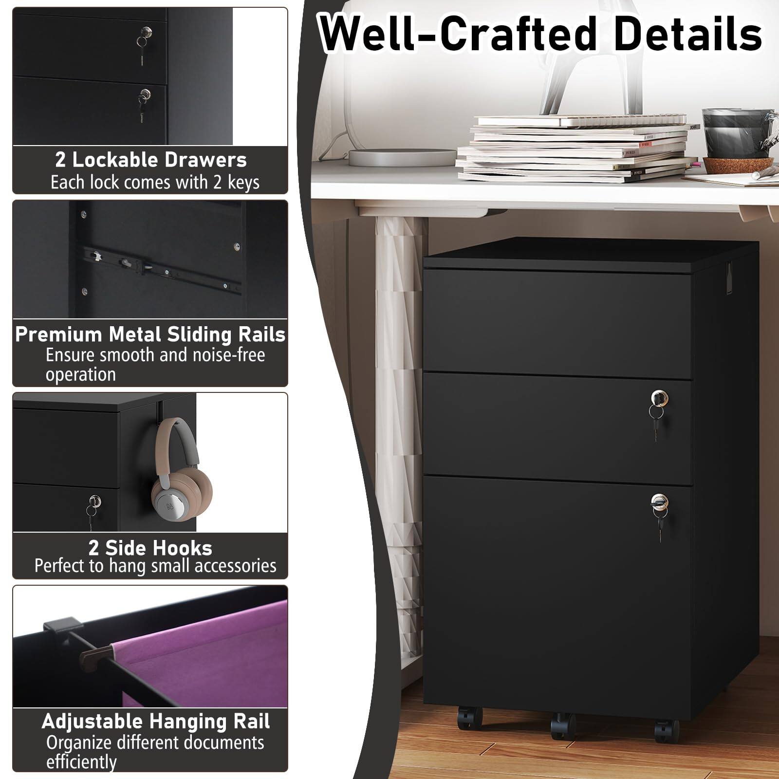 Well-Crafted Details

- 2 Lockable Drawers
  Each lock comes with 2 keys

- Premium Metal Sliding Rails
  Ensure smooth and noise-free operation

- 2 Side Hooks
  Perfect to hang small accessories

- Adjustable Hanging Rail
  Organize different documents efficiently