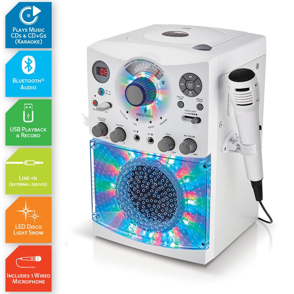 - PLAYS MUSIC CDs & CD+Gs (KARAOKE)
- BLUETOOTH AUDIO
- USB PLAYBACK & RECORD
- LINE-IN (EXTERNAL DEVICE)
- LED Disco LIGHT SHOW
- INCLUDES 1 WIRED MICROPHONE