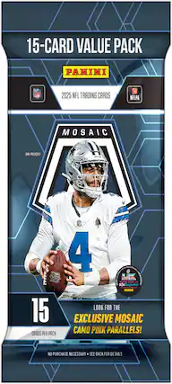 15-Card Value Pack
Panini
2025 NFL Trading Cards
NFLPA
Mosaic
Dak Prescott
15 Cards Per Pack
Look for the Exclusive Mosaic Camo Pink Parallels!
No Purchase Necessary - See Back for Details