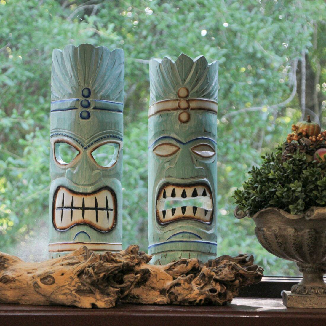 Alt View 3. Things2Die4 - Handcrafted Aqua Blue Traditional Polynesian Style Wooden Tiki Mask Wall Hangings – 20 Inches High - Set of 2 - Blue.