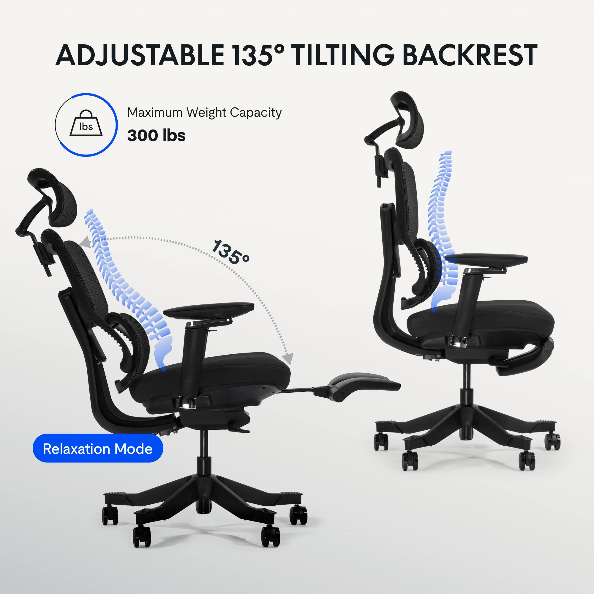ADJUSTABLE 135° TILTING BACKREST  
Maximum Weight Capacity: 300 lbs  
135°  
Relaxation Mode