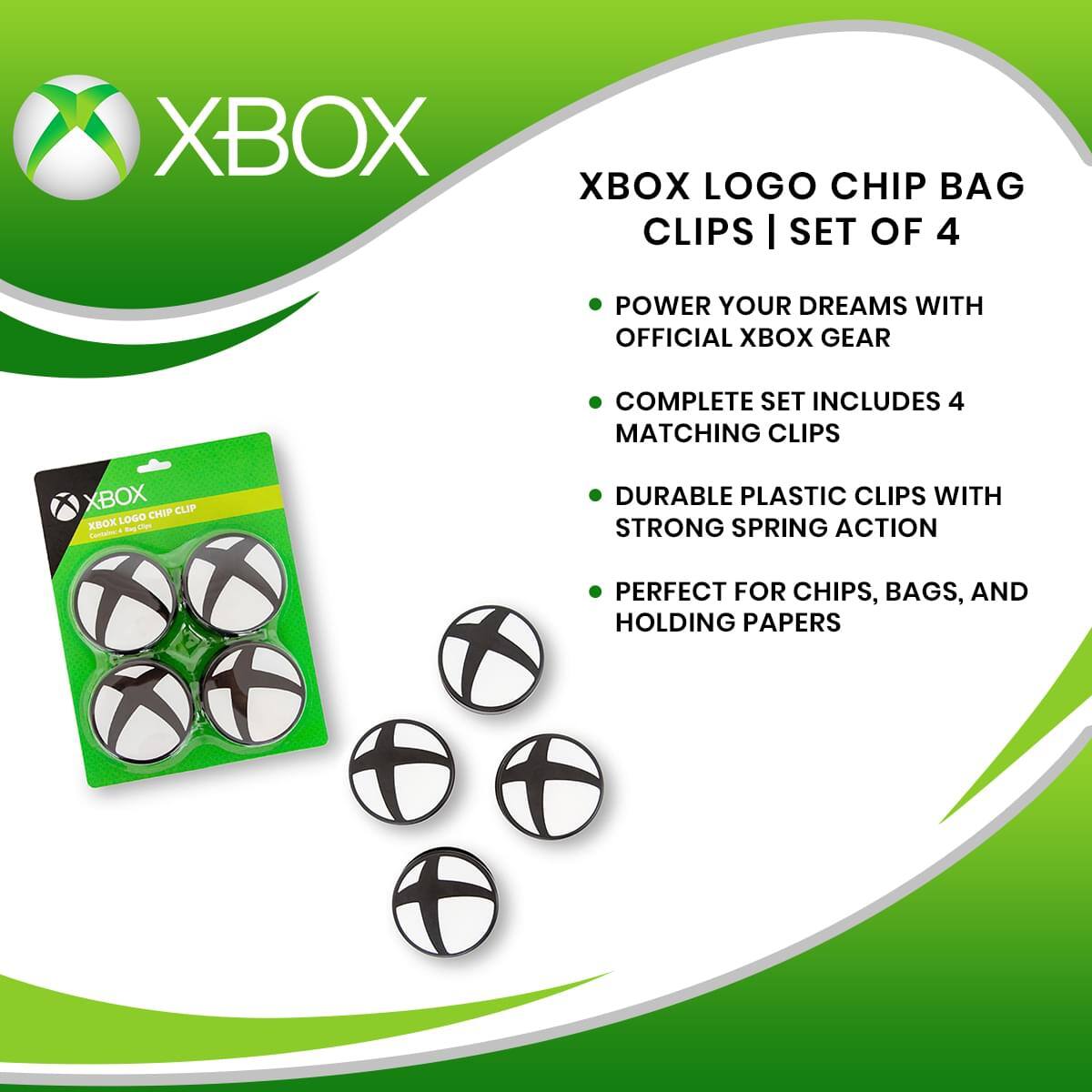 XBOX LOGO CHIP BAG CLIPS | SET OF 4

- POWER YOUR DREAMS WITH OFFICIAL XBOX GEAR
- COMPLETE SET INCLUDES 4 MATCHING CLIPS
- DURABLE PLASTIC CLIPS WITH STRONG SPRING ACTION
- PERFECT FOR CHIPS, BAGS, AND HOLDING PAPERS