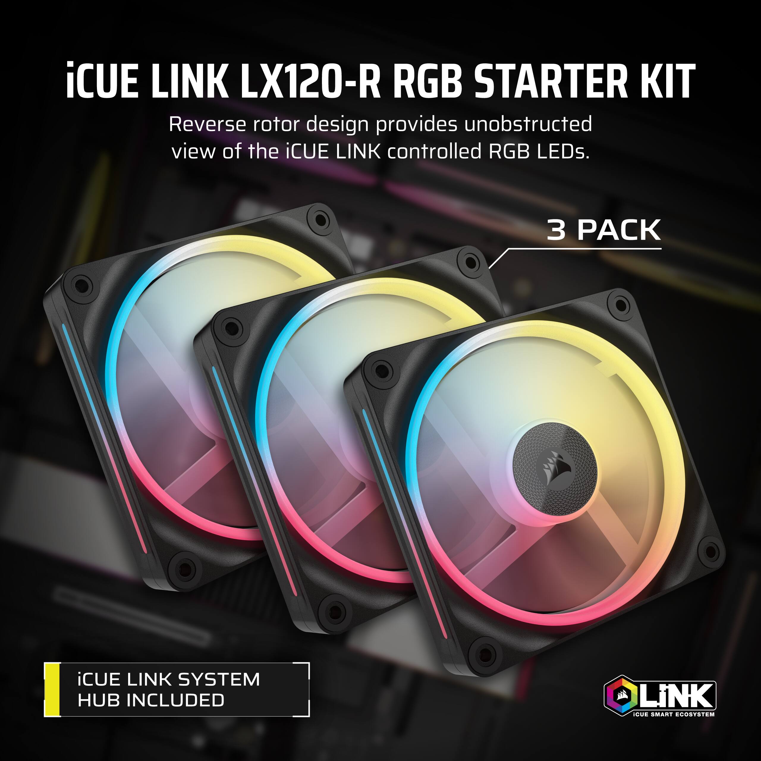 The text on the image reads: "iCUE LINK LX120-R RGB STARTER KIT Reverse rotor design provides unobstructed view of the iCUE LINK controlled RGB LEDs. 3 PACK iCUE LINK SYSTEM HUB INCLUDED J LiNK IUE OART ECOSTEM."