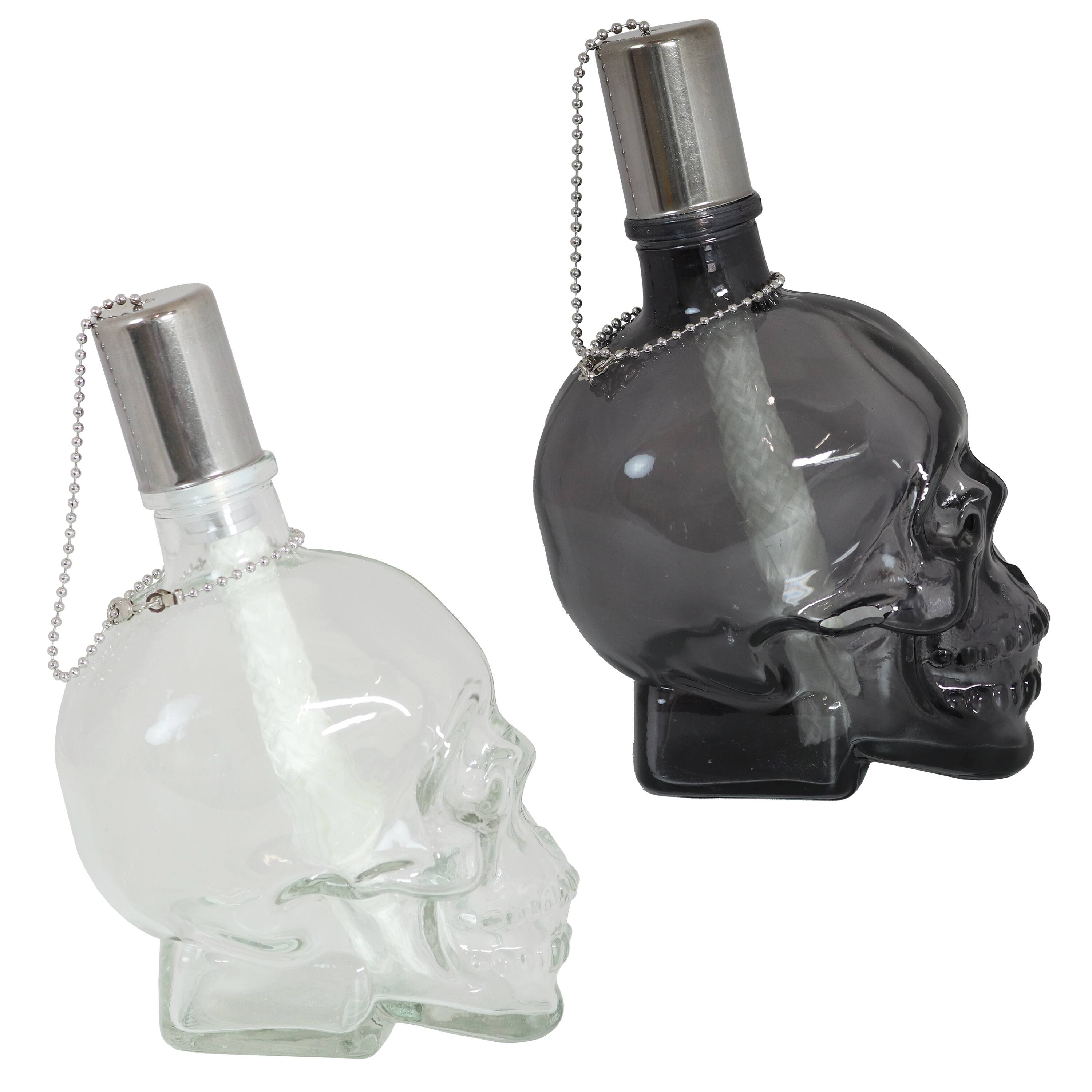Alt View 8. Sunnydaze - Set of 4 Glass/Metal Grinning Skull Tabletop Torch - Black/Clear.